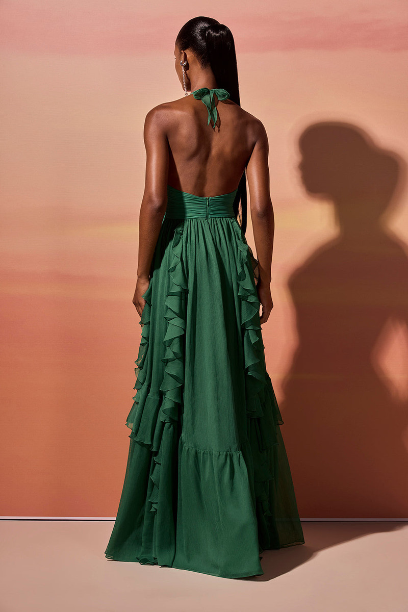 SILK PLISSE ESSENCE PLUNGE HALTERNECK GOWN 3