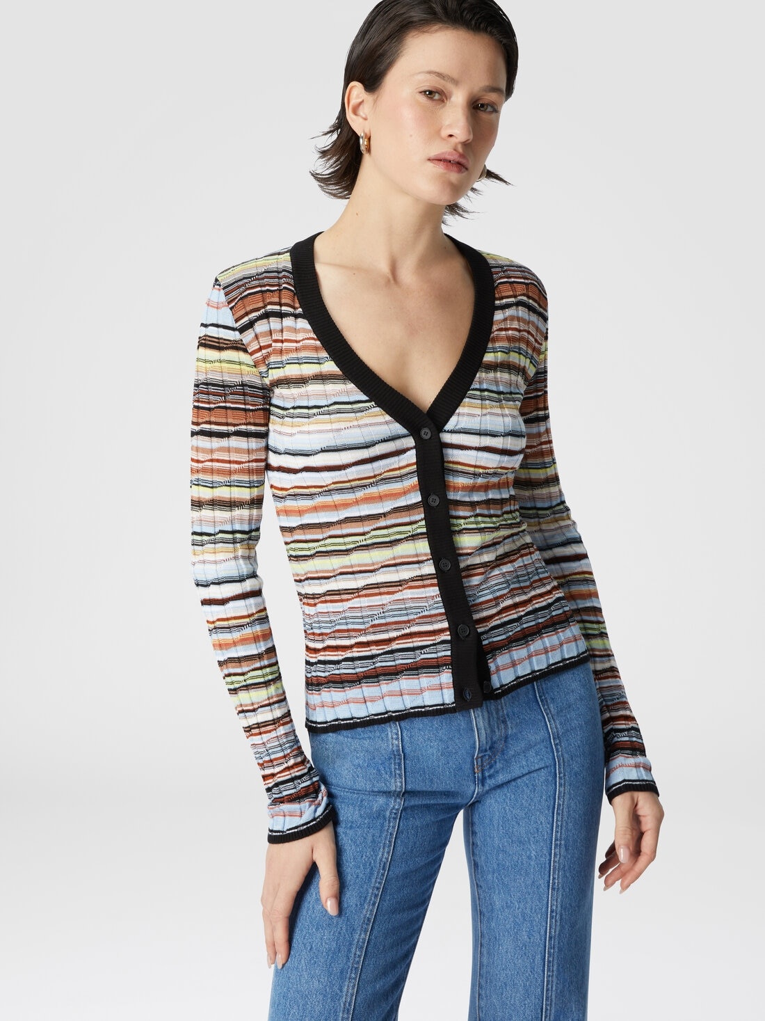 Striped cotton and viscose ribbed cardigan with contrasting trim - 4