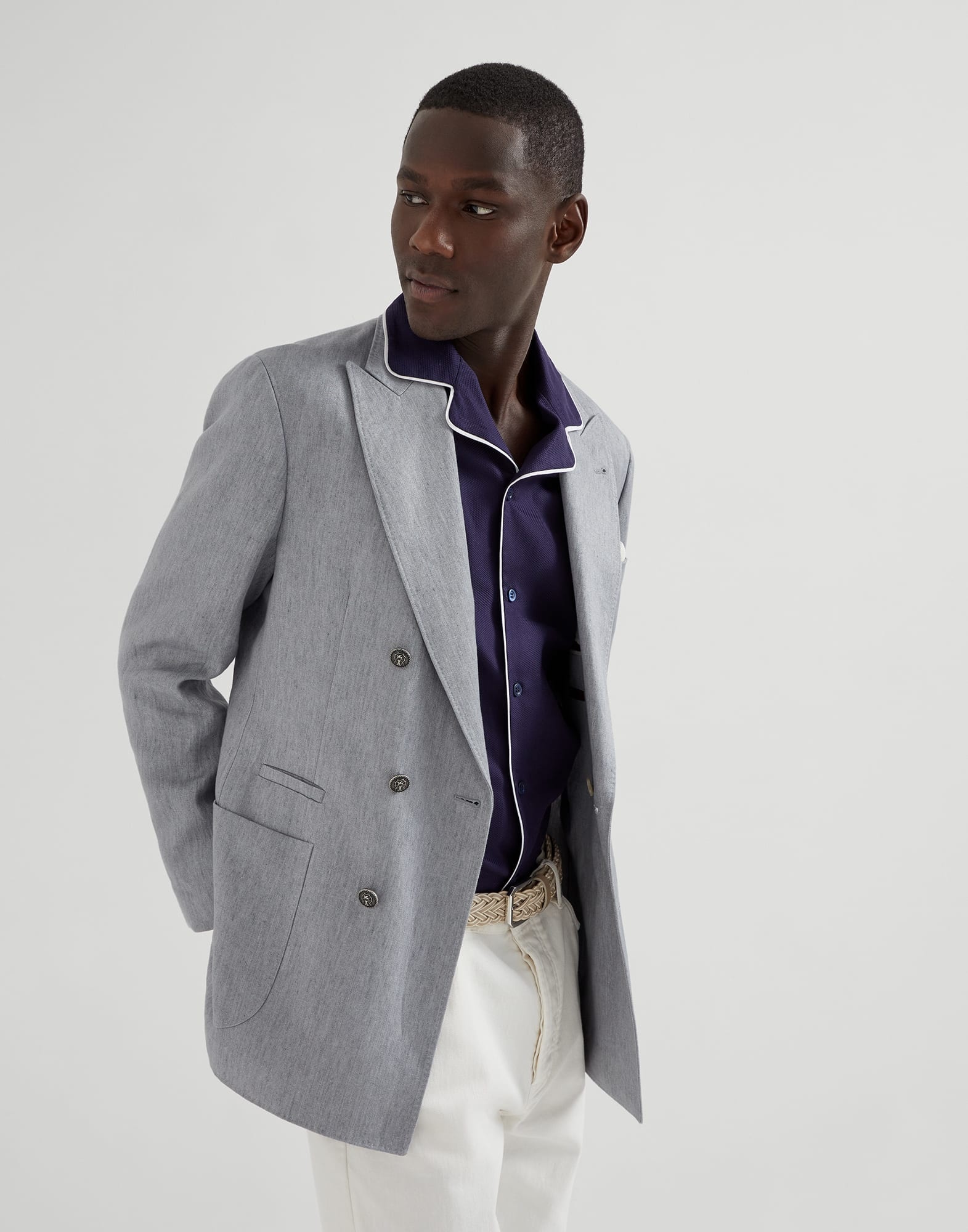 Honeycomb texture cotton easy fit shirt with camp collar and piping - 4