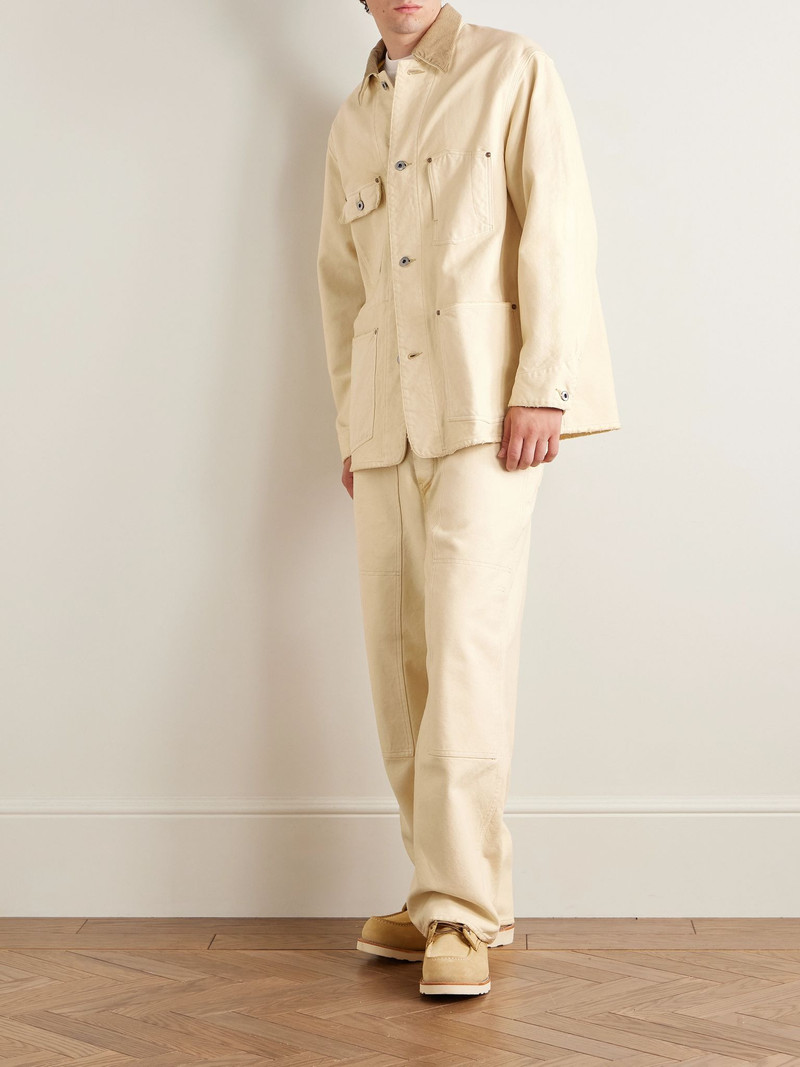 A.PRESSE Vintage Corduroy-Trimmed Distressed Cotton-Blend Canvas Coverall Jacket Beige outlook