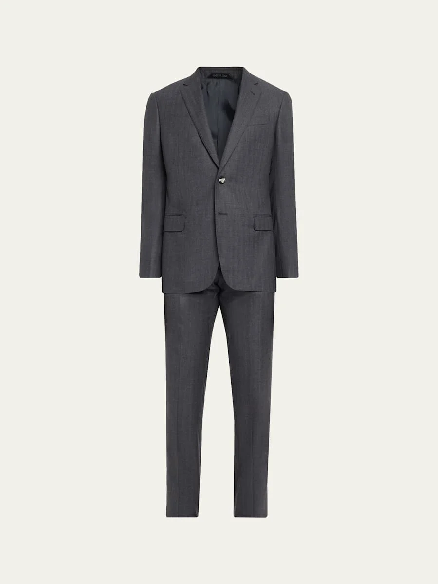 Men's Wool Herringbone Single-Breasted Suit - 1