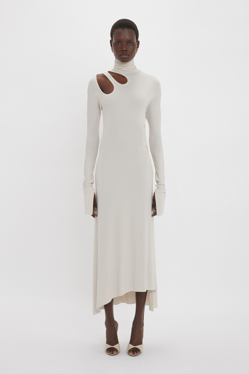 Victoria Beckham Long Sleeve Cut-Out Jersey Midi Dress In Bone outlook