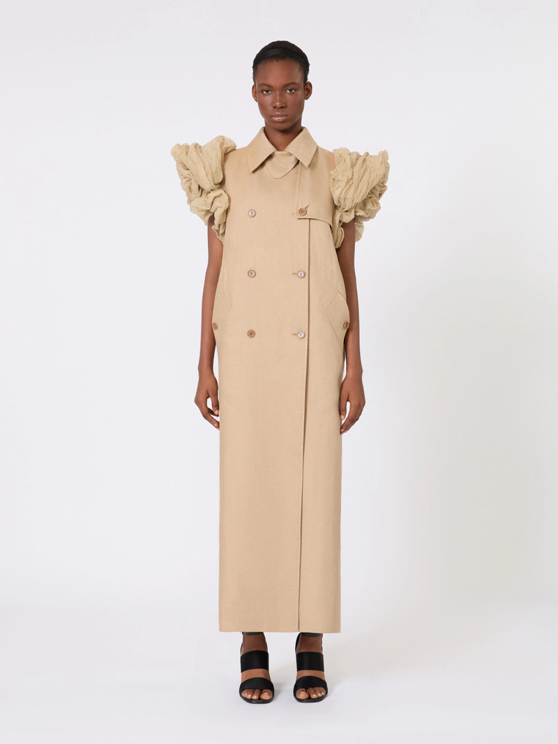ECRU Sleeveless duster coat in linen basketweave with ruffles - CAMEL 3