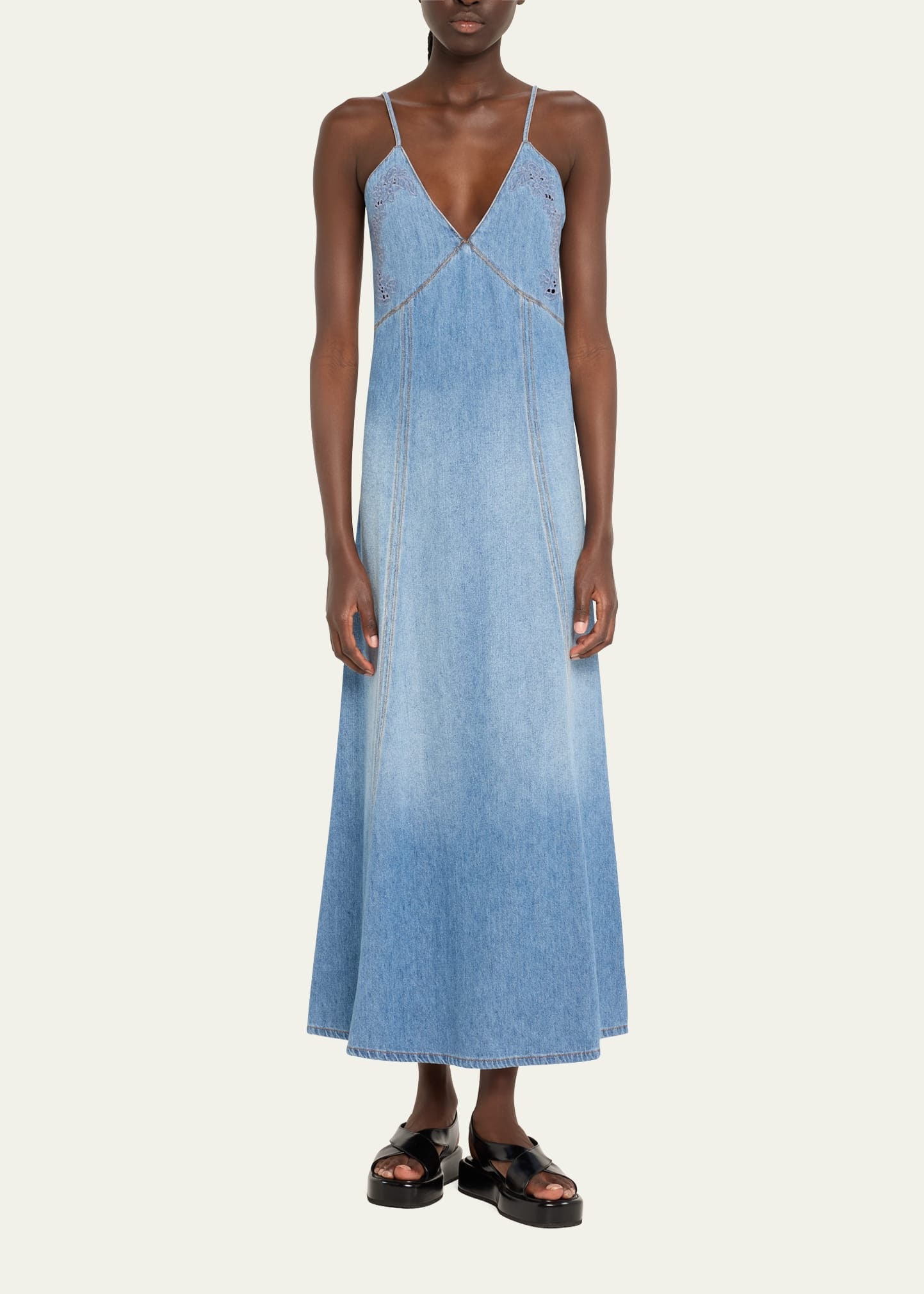 Chloe◆Denim Maxi Dress with Eyelet Embroidery Chloé Denim Maxi Dress with Eyelet Embroidery