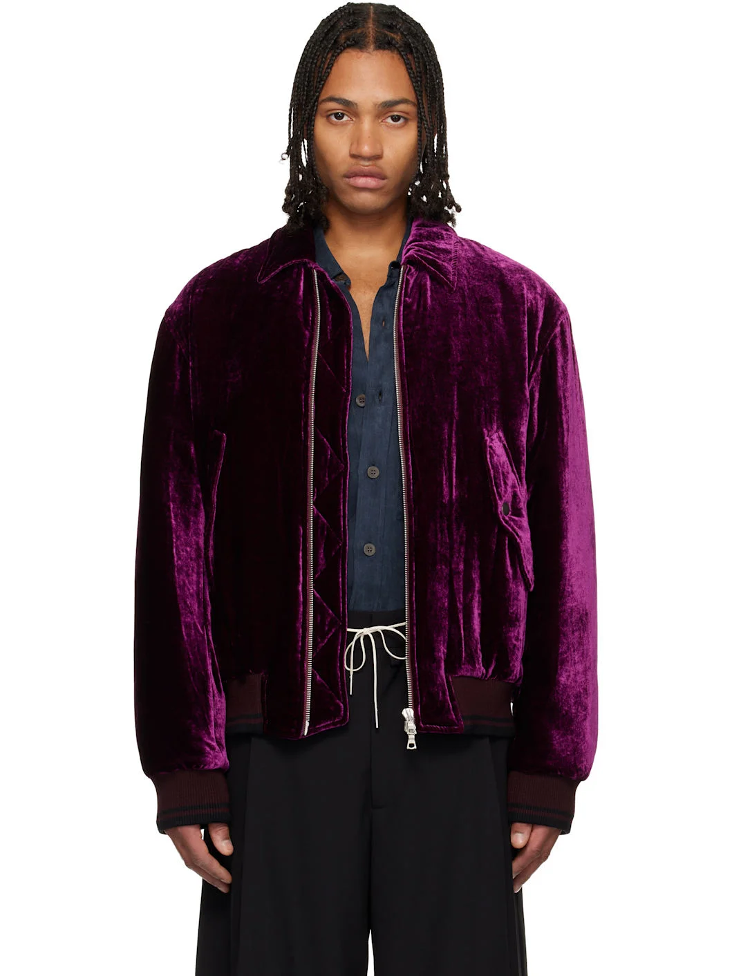 Purple Velvet Bomber Jacket - 1