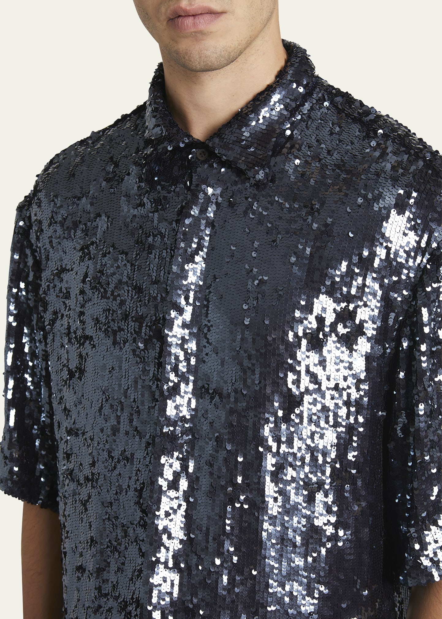 Men's Shiny Paillette Short-Sleeve Shirt - 5