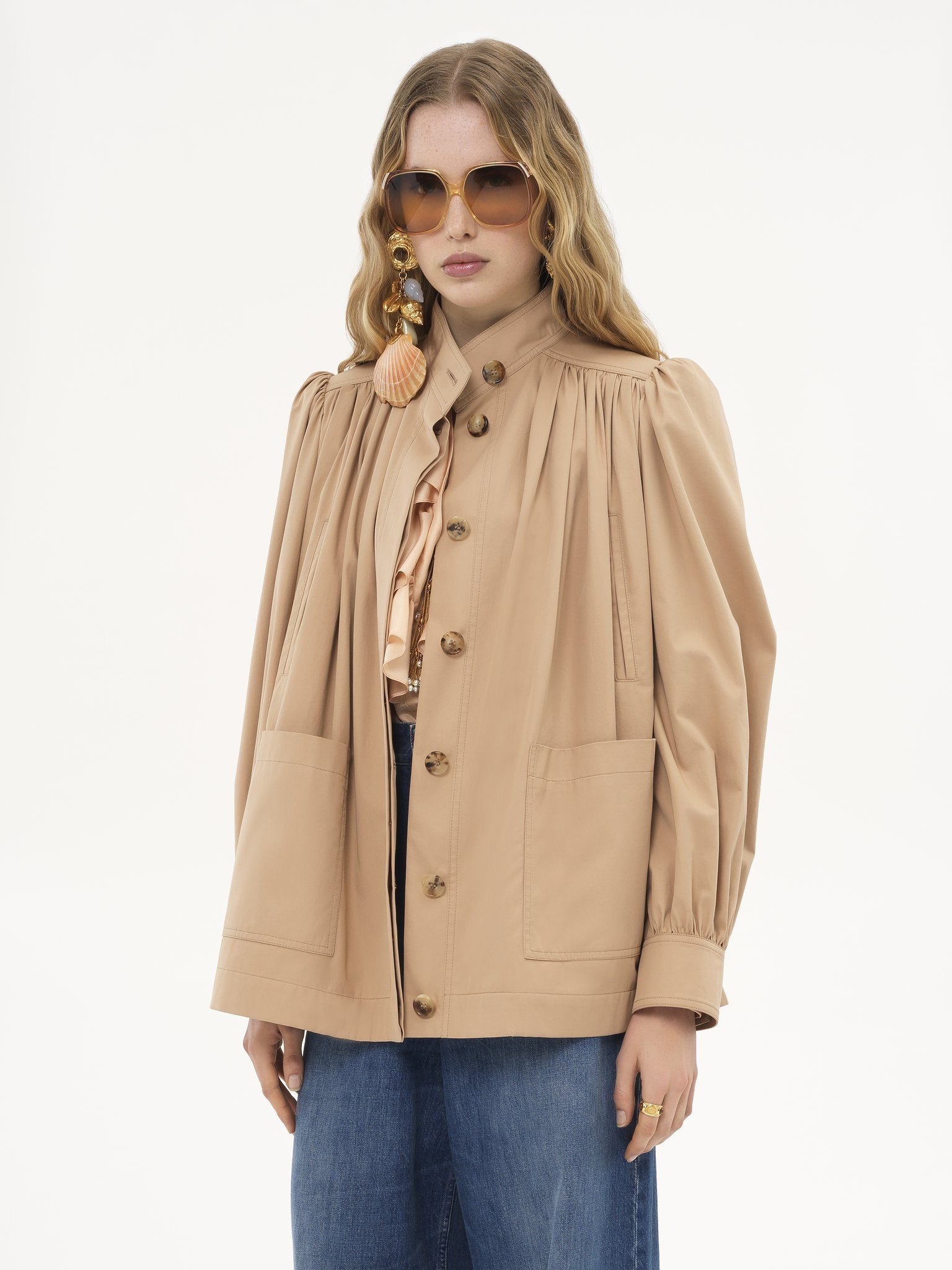 HIGH-NECK GATHERED JACKET IN COTTON GABARDINE - 4