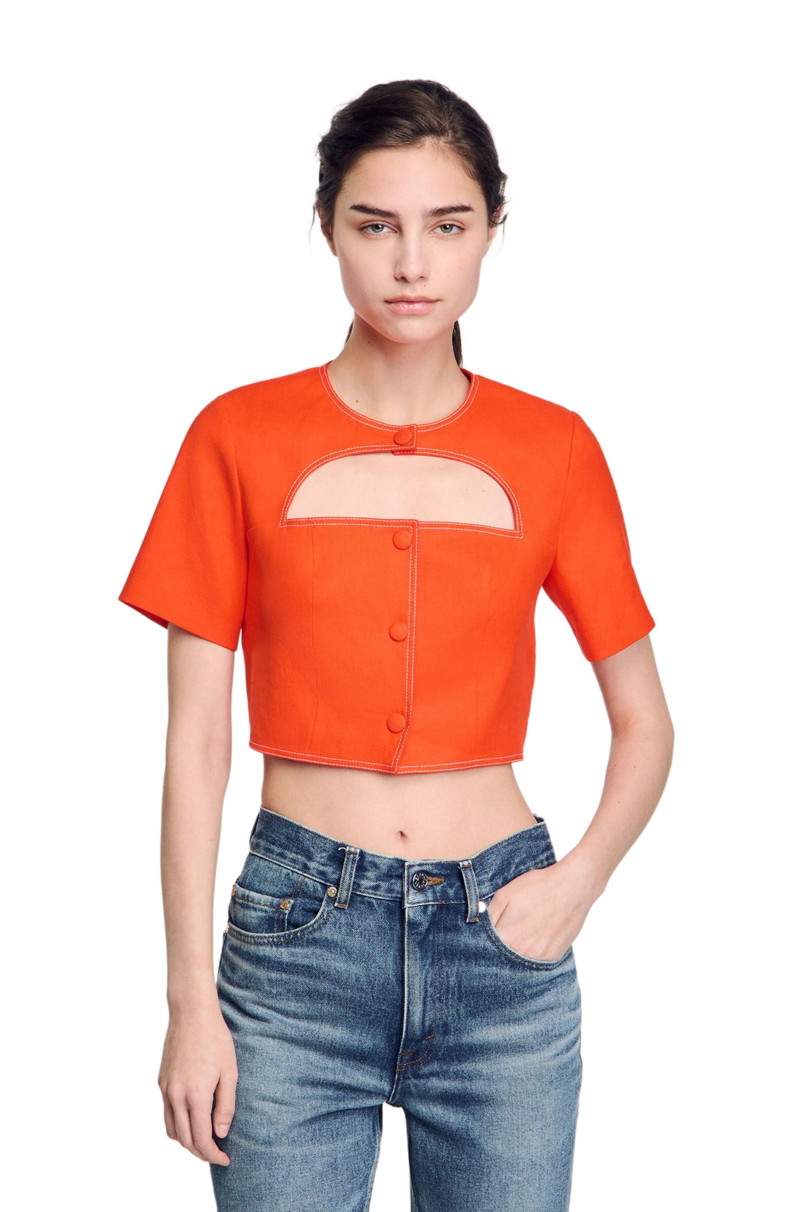 SANDRO Crop top with cutaway design in Orange at Nordstrom - 1