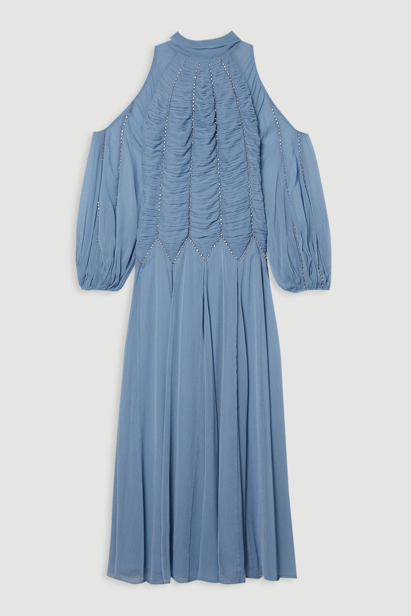 High Neck Embellished Ruched Georgette Woven Maxi Dress 4