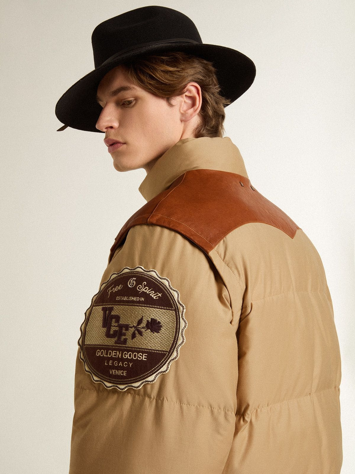 Beige bomber jacket with leather and patch details - 5