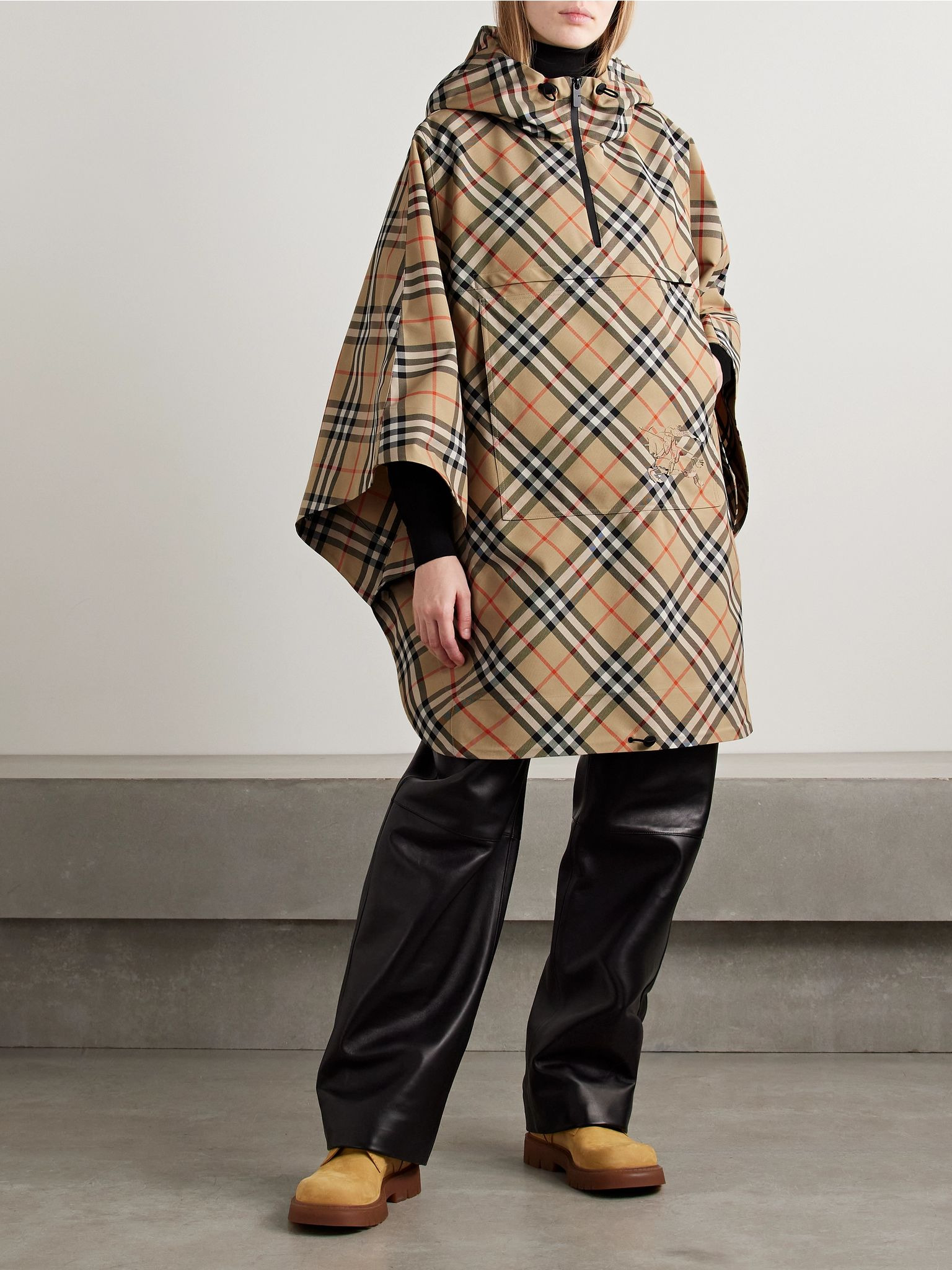 Hooded appliquéd checked twill cape Brown - 2