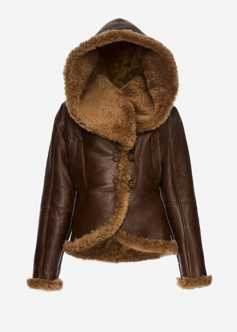 Shearling hooded jacket in dark brown 1