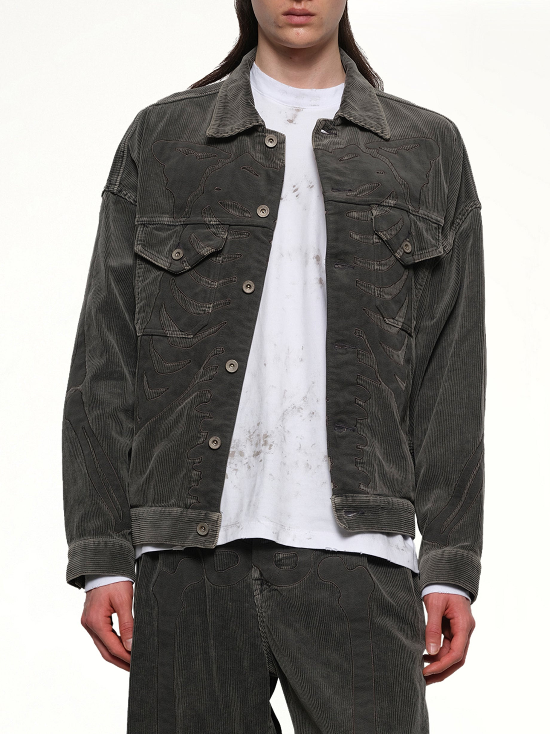 Bone Applique Corduroy Jacket in Grey - 6
