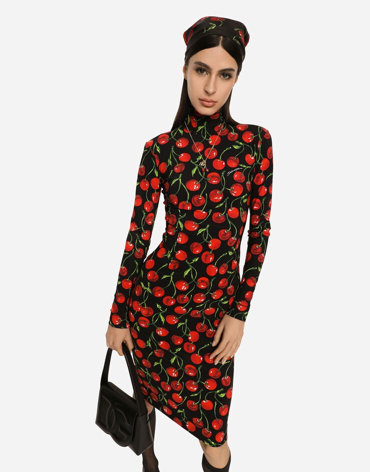 Long-sleeved jersey midi dress with cherry print - 4