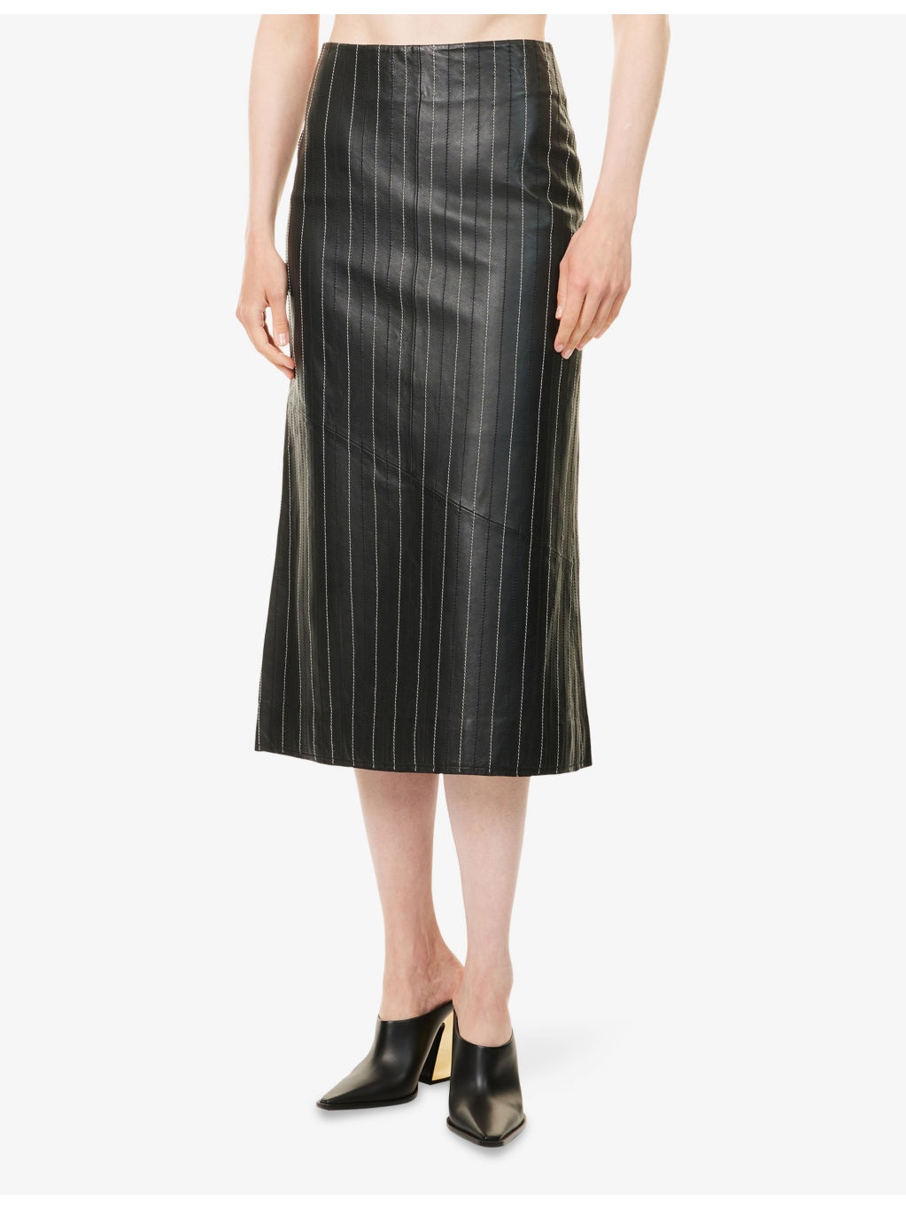 Kick Detail Stitching Leather Midi Skirt - 3