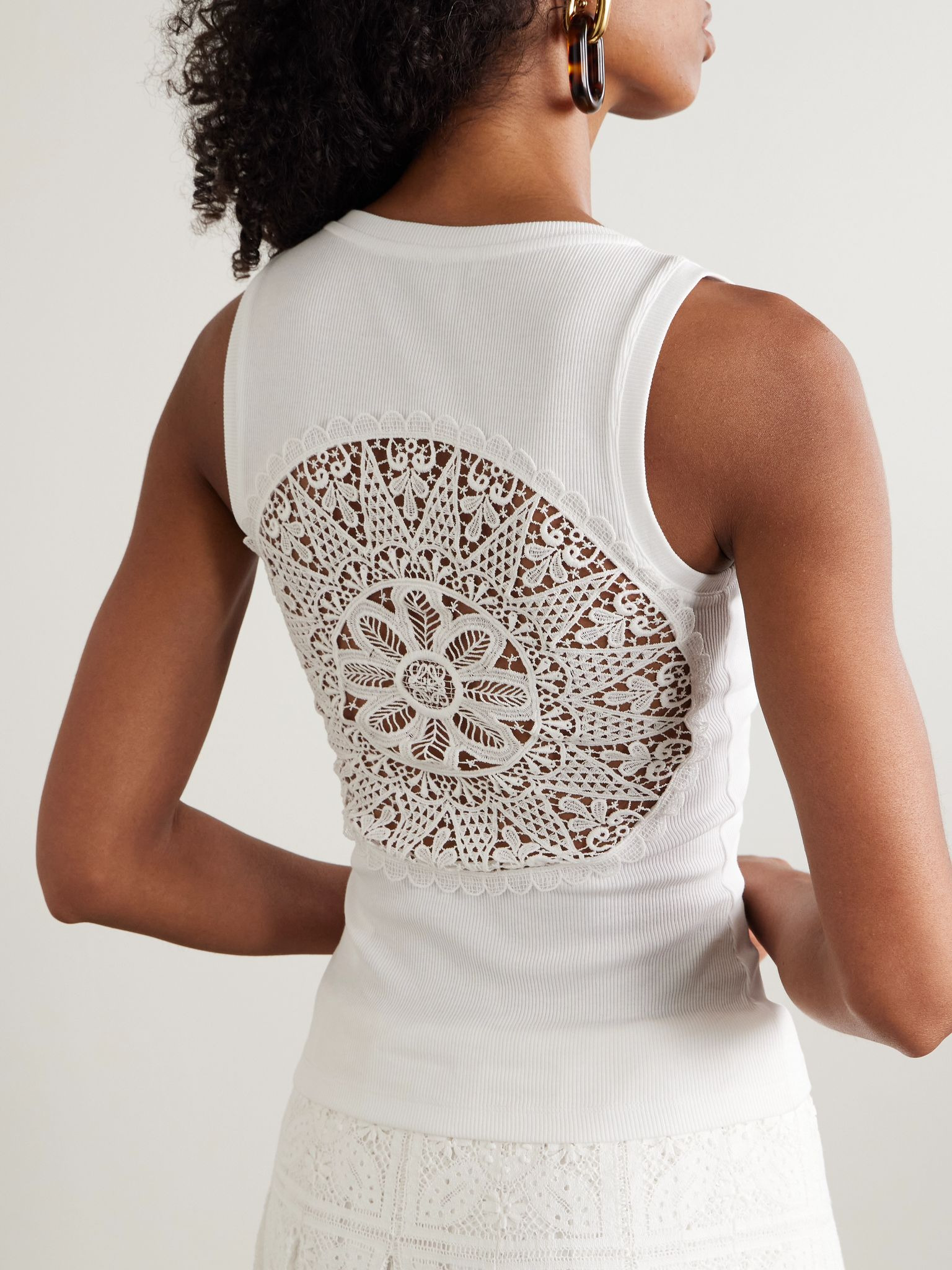 + Paula's Ibiza cutout corded lace-trimmed ribbed stretch cotton-jersey tank White - 4