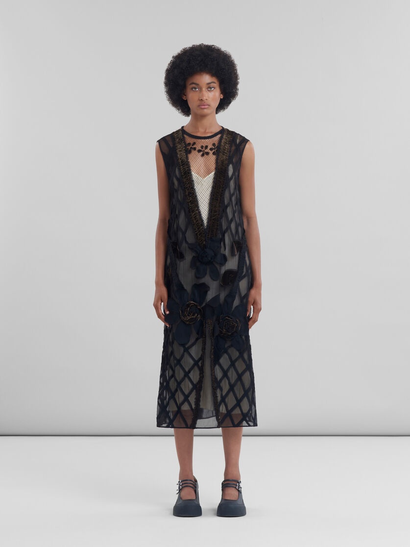BLACK CHIFFON DRESS WITH FLOWER APPLIQUÉS - 2