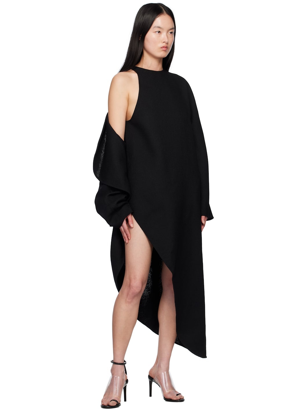 Black Wool Gazar Wrap Coat - 5