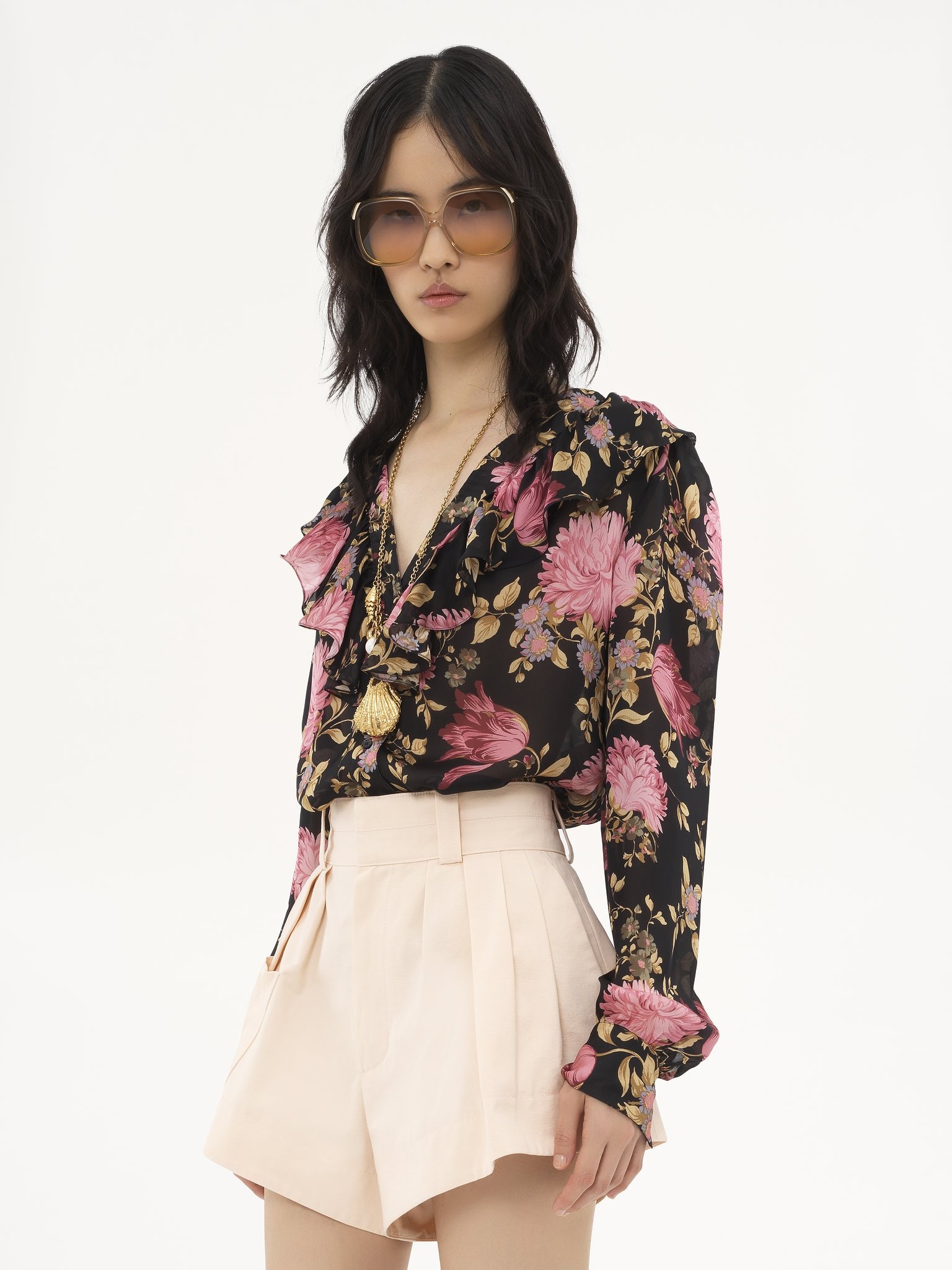 V-NECK RUFFLED BLOUSE IN SILK CHARMEUSE - 4