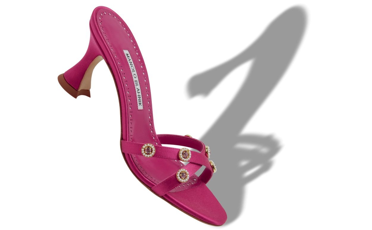 Dark Pink Satin Embellished Mules - 2
