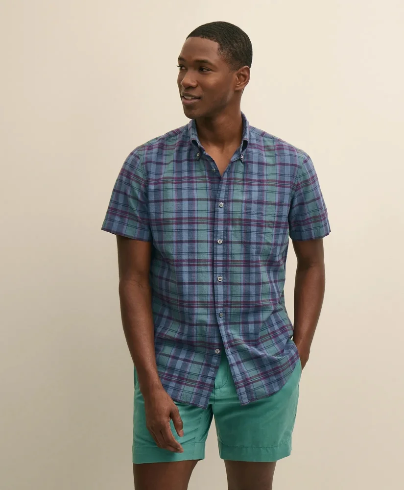 Cotton Madras Polo Button-Down Collar, Short-Sleeve Shirt - 1