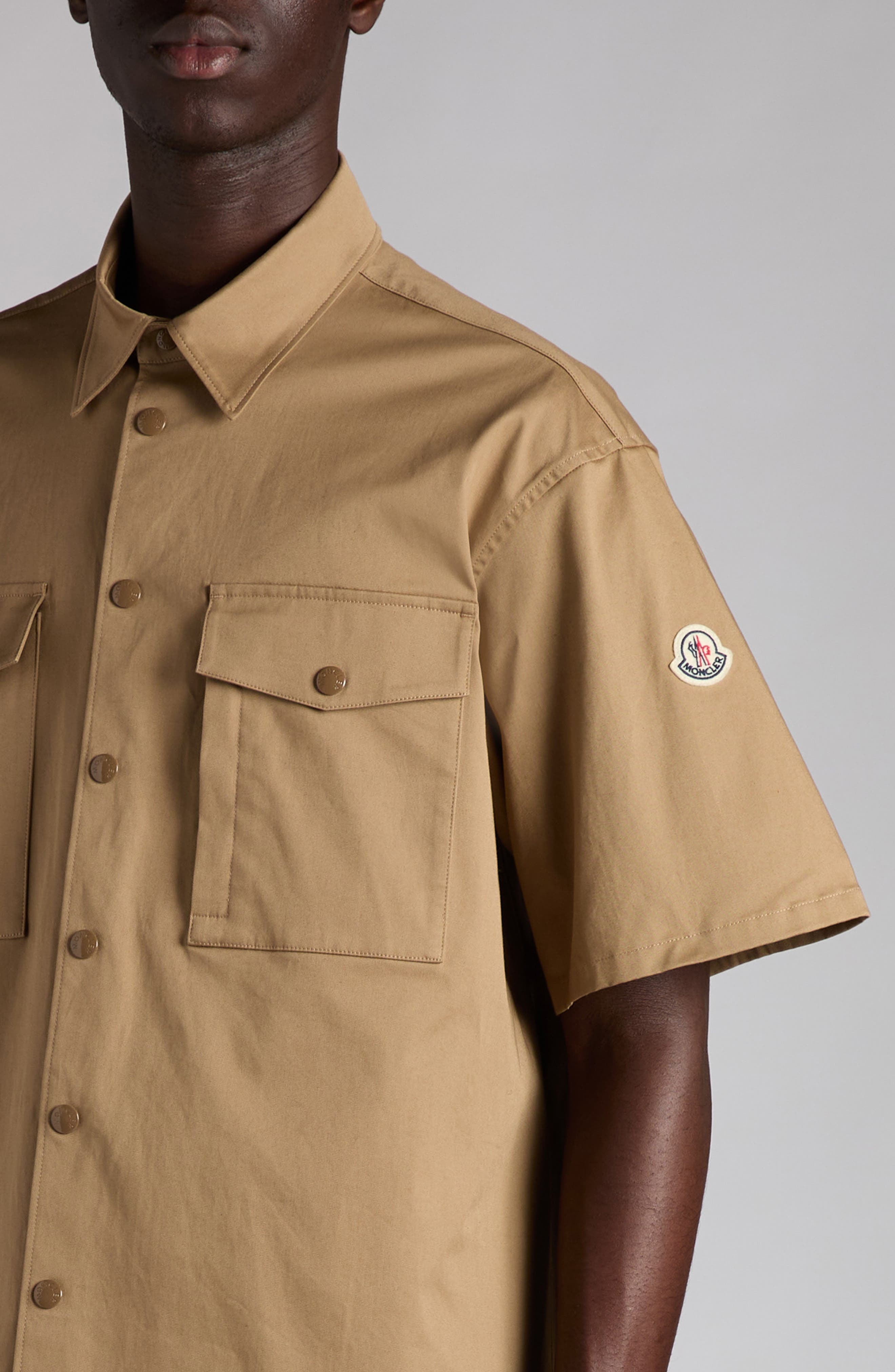 Moncler Short Sleeve Cotton Stretch Gabardine Utility Shirt in Caramel at Nordstrom - 5
