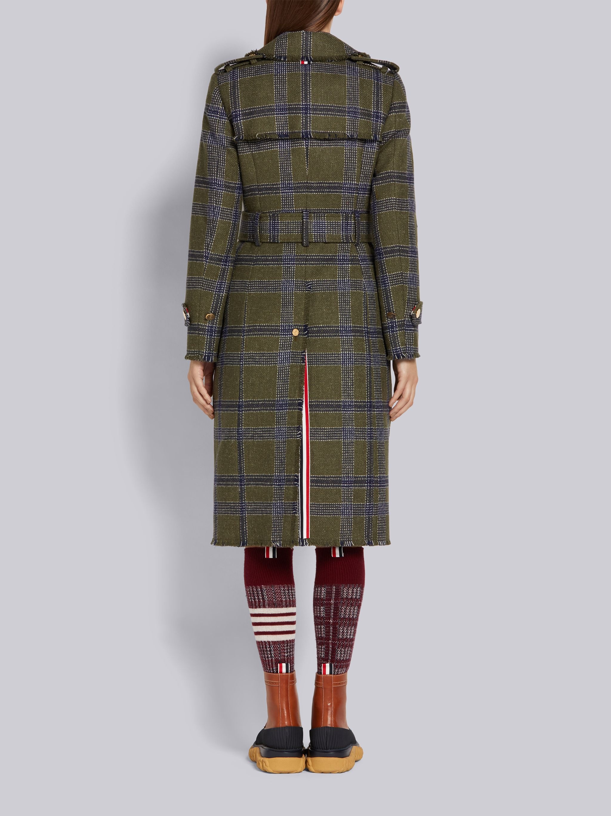 Dark Green Madras Check British Wool Frayed Single Vent Classic Trench Coat - 3