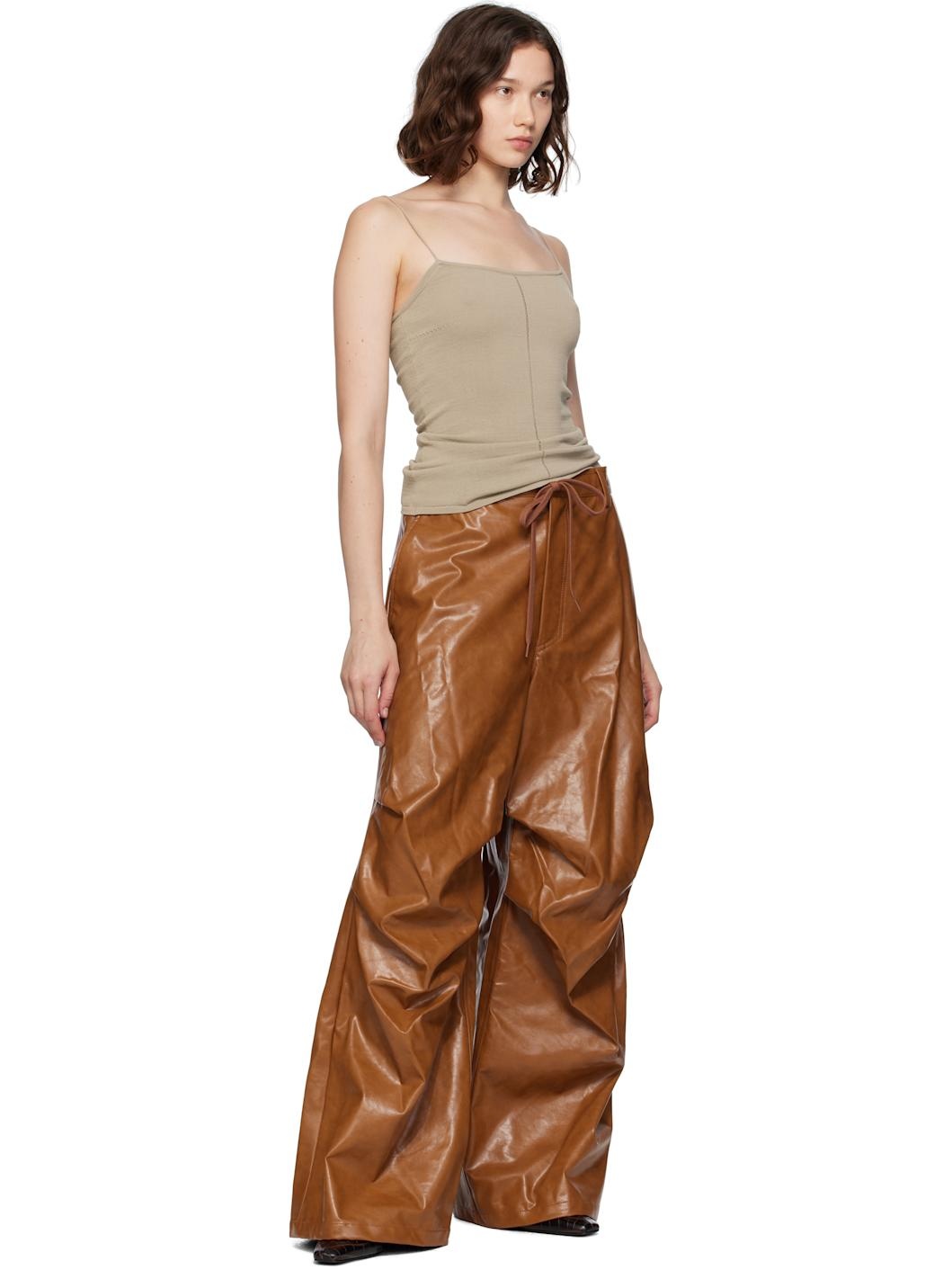Brown Draped Faux-Leather Trousers - 4