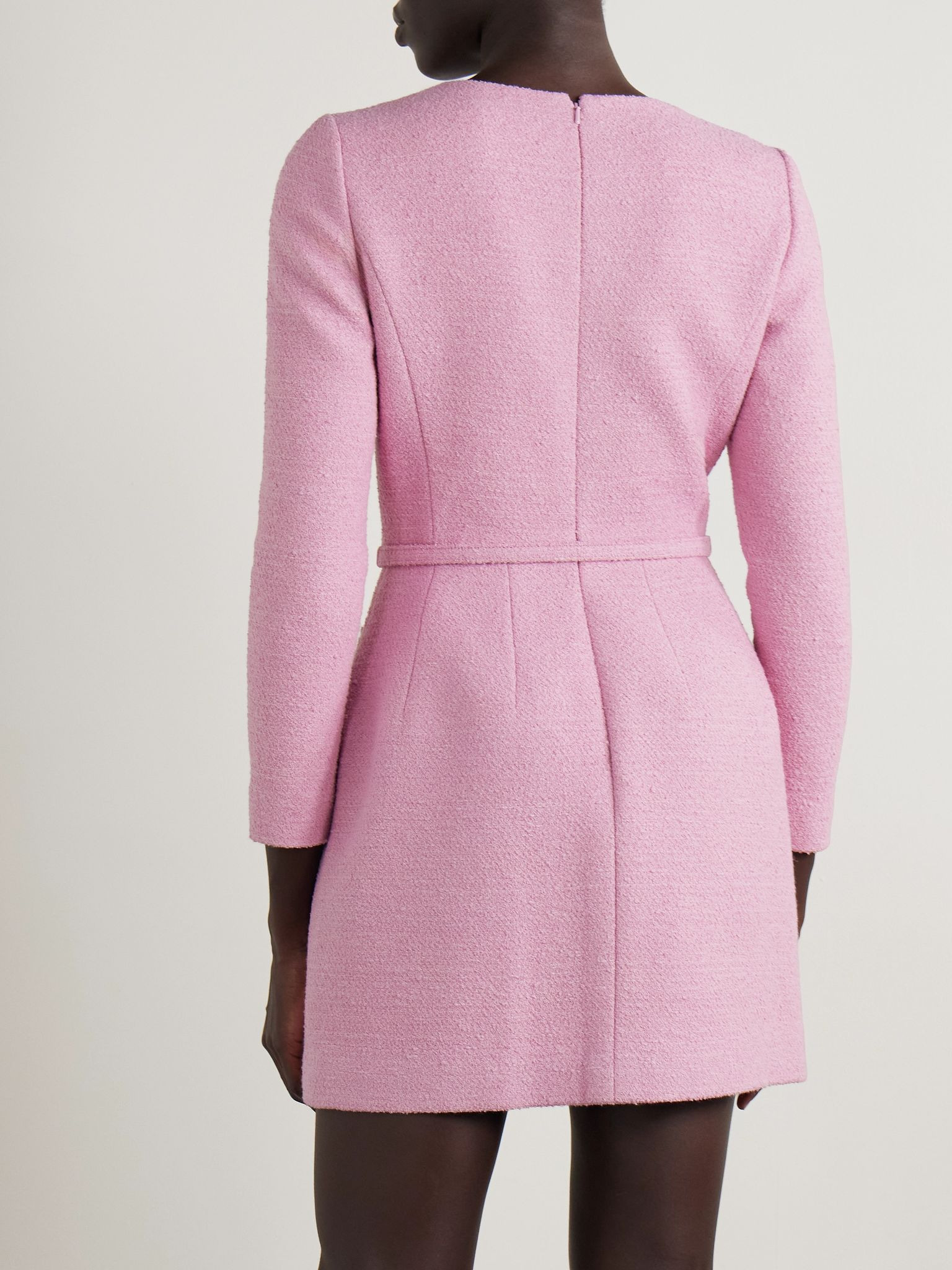 Belted embroidered cotton-blend bouclé-tweed mini dress Pink - 3