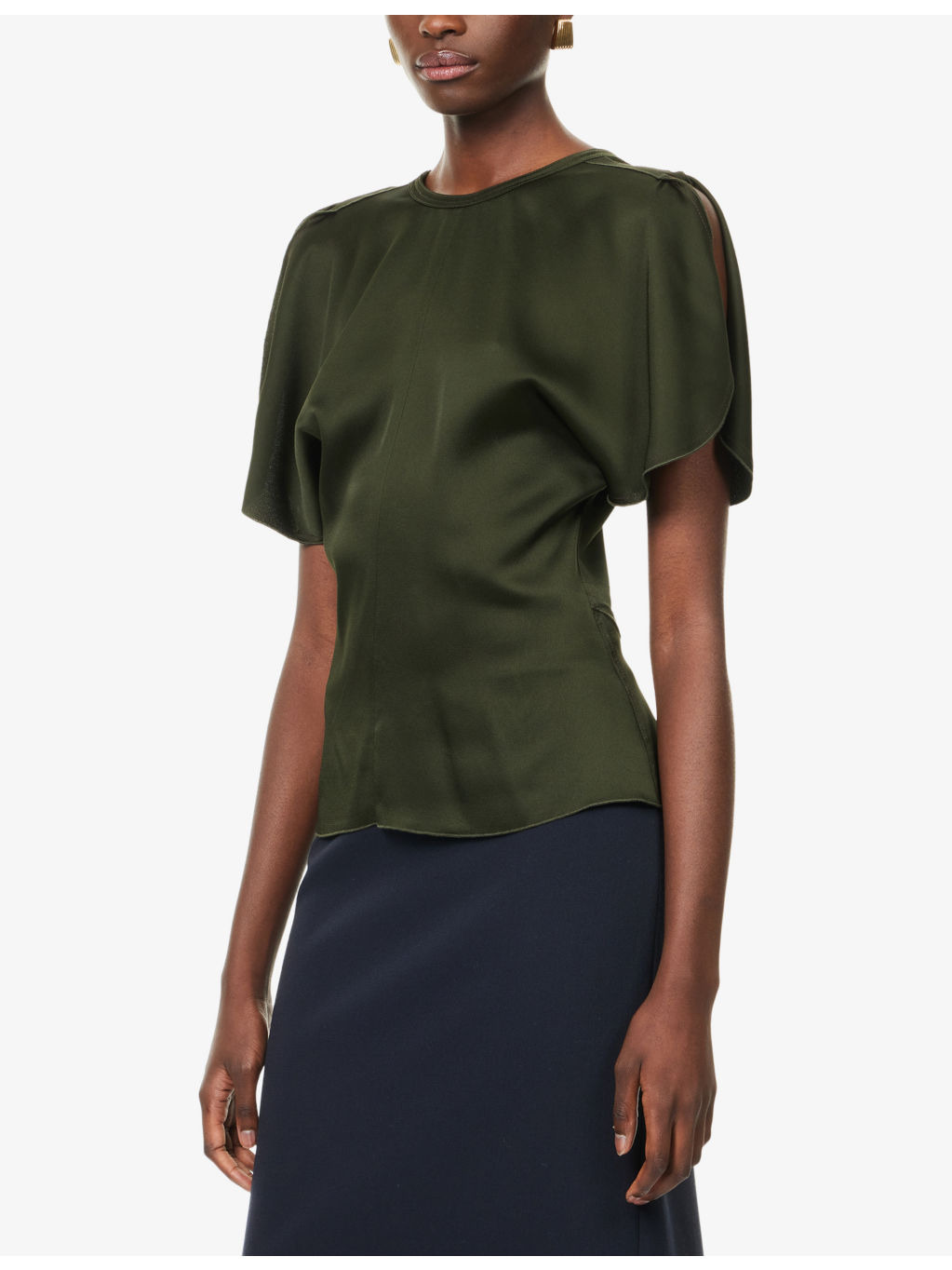 Split-Short-Sleeves Round-Neck Woven Top - 3