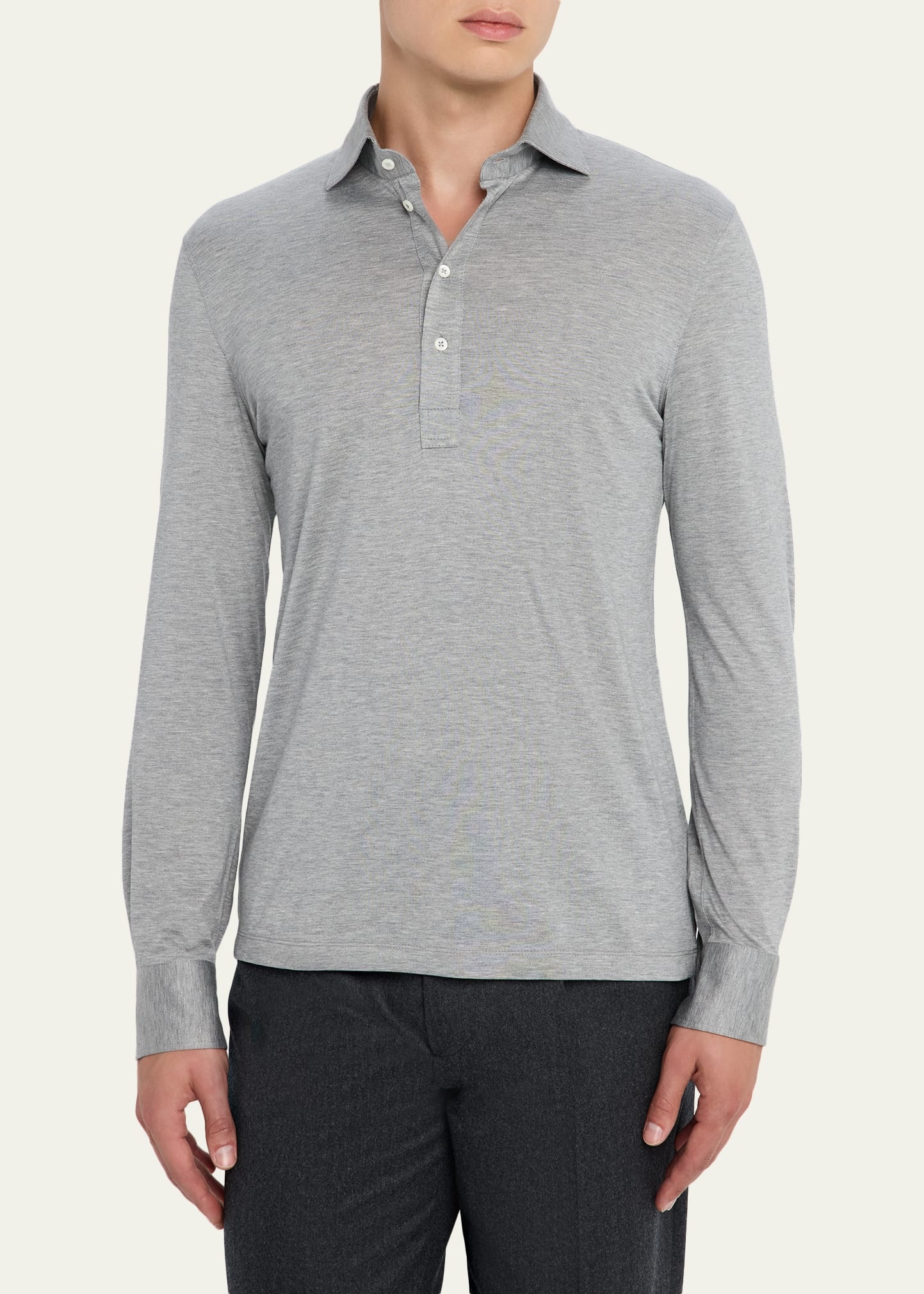 Men's Silk and Cotton Jersey Long-Sleeve Polo Shirt - 4