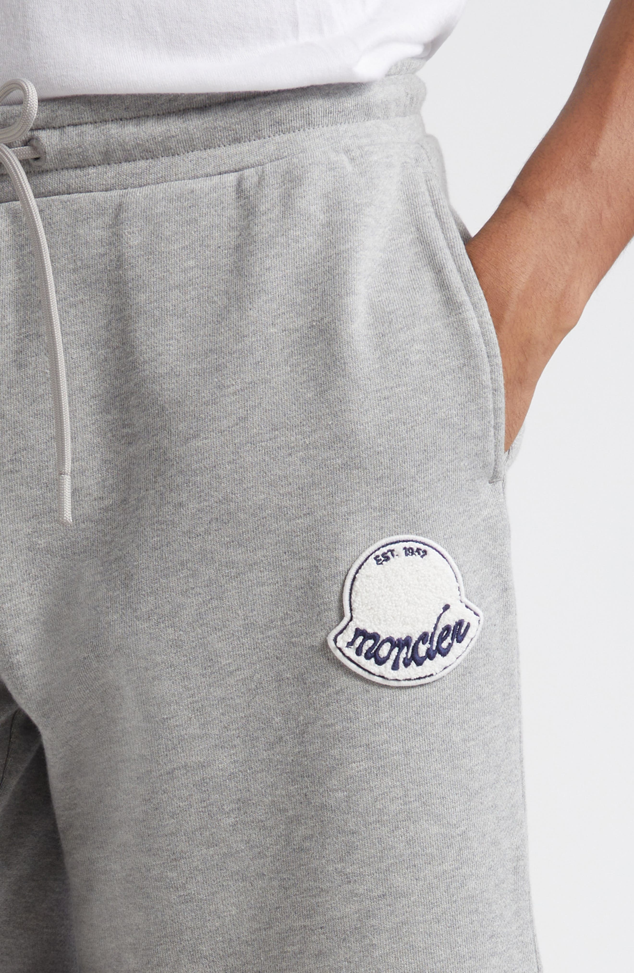 Moncler Logo Patch Fleece Drawstring Sweat Shorts in Extra Light Gray Melange at Nordstrom - 4