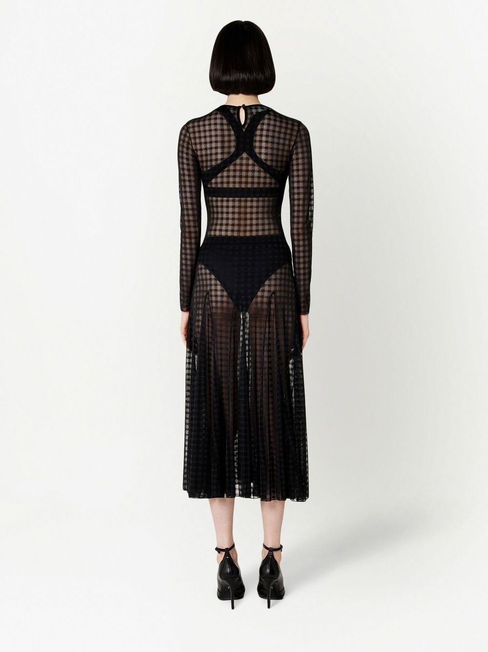 checked semi-sheer midi dress - 4