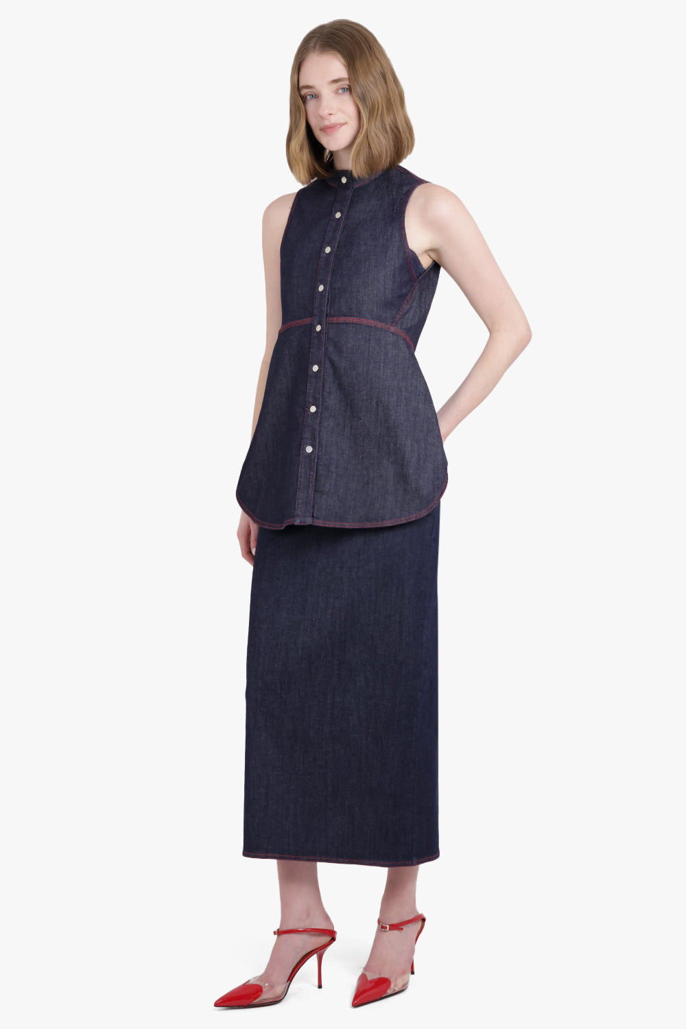 SLEEVELESS DENIM BLOUSE | DARK BLUE - 3