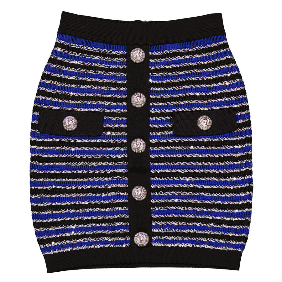 Balmain Ladies Noir / Bleu / Argent Striped Button-Fastening Skirt - 5