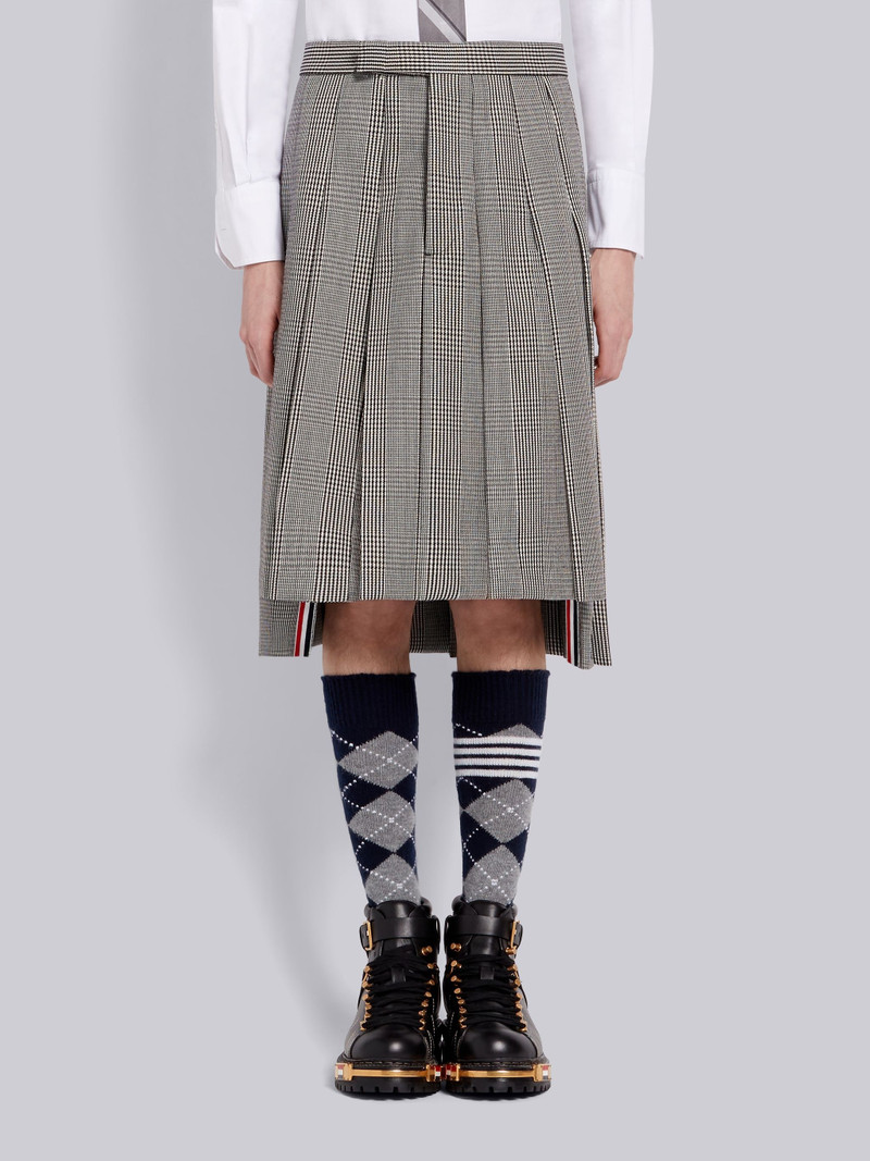 Black and White Prince Of Wales Wool Cavalry Twill Classic Knee Length Pleated Skirt 1