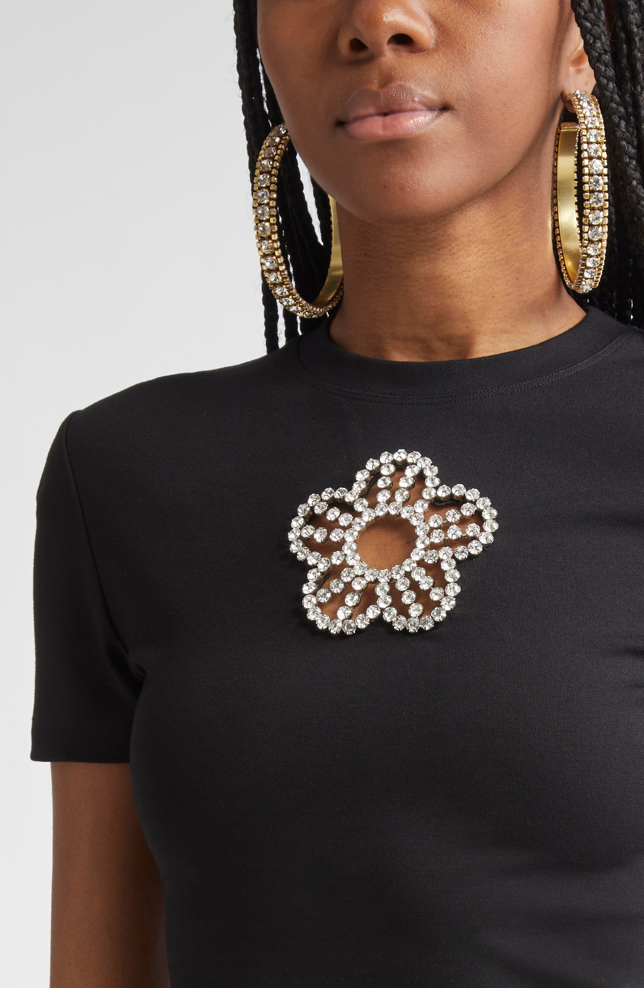 Area Crystal Flower Cutout Crop T-Shirt in Black at Nordstrom - 5