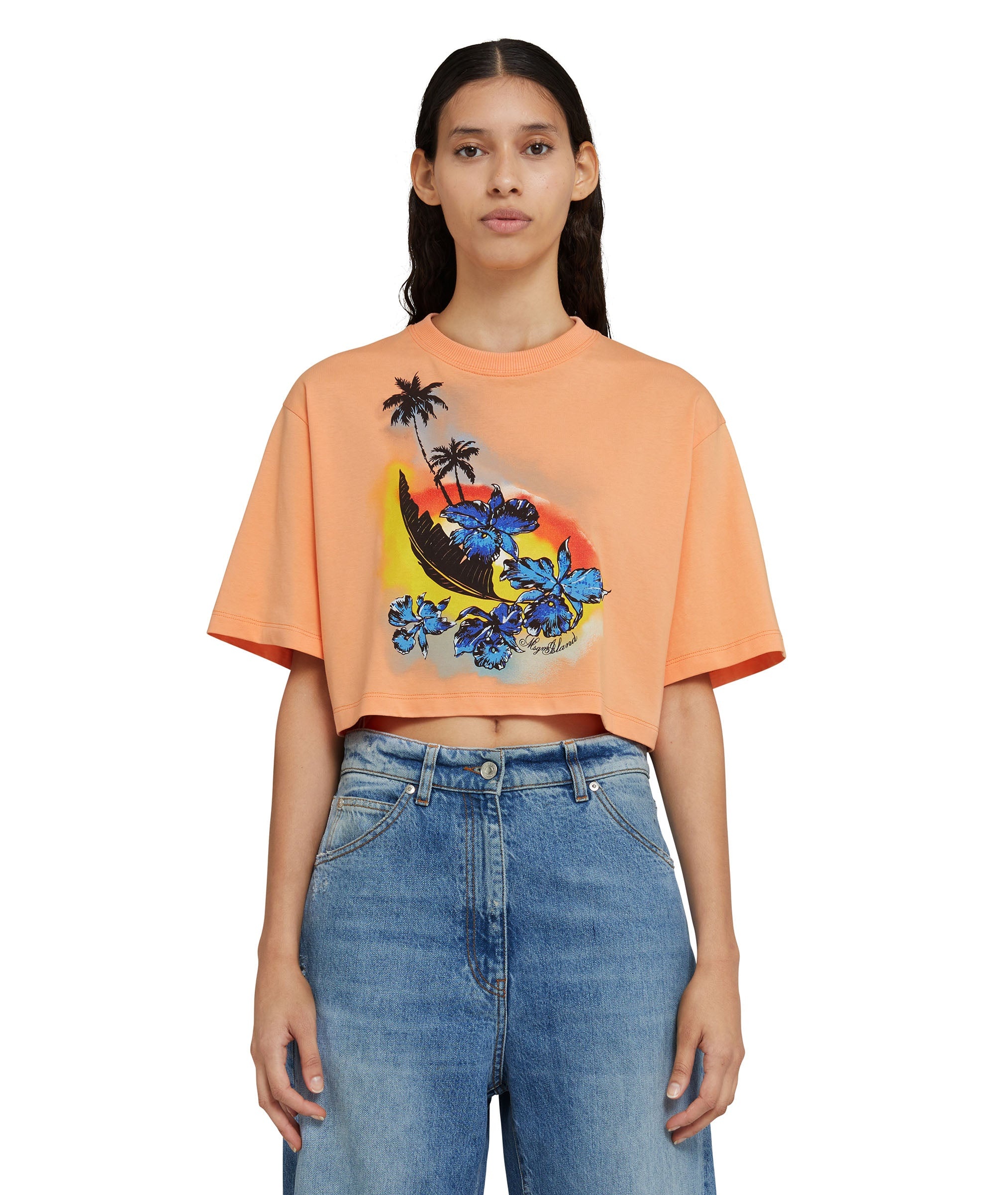 Solid color cotton crop-top crewneck t-shirt with "MSGM Sunset" graphic - 3