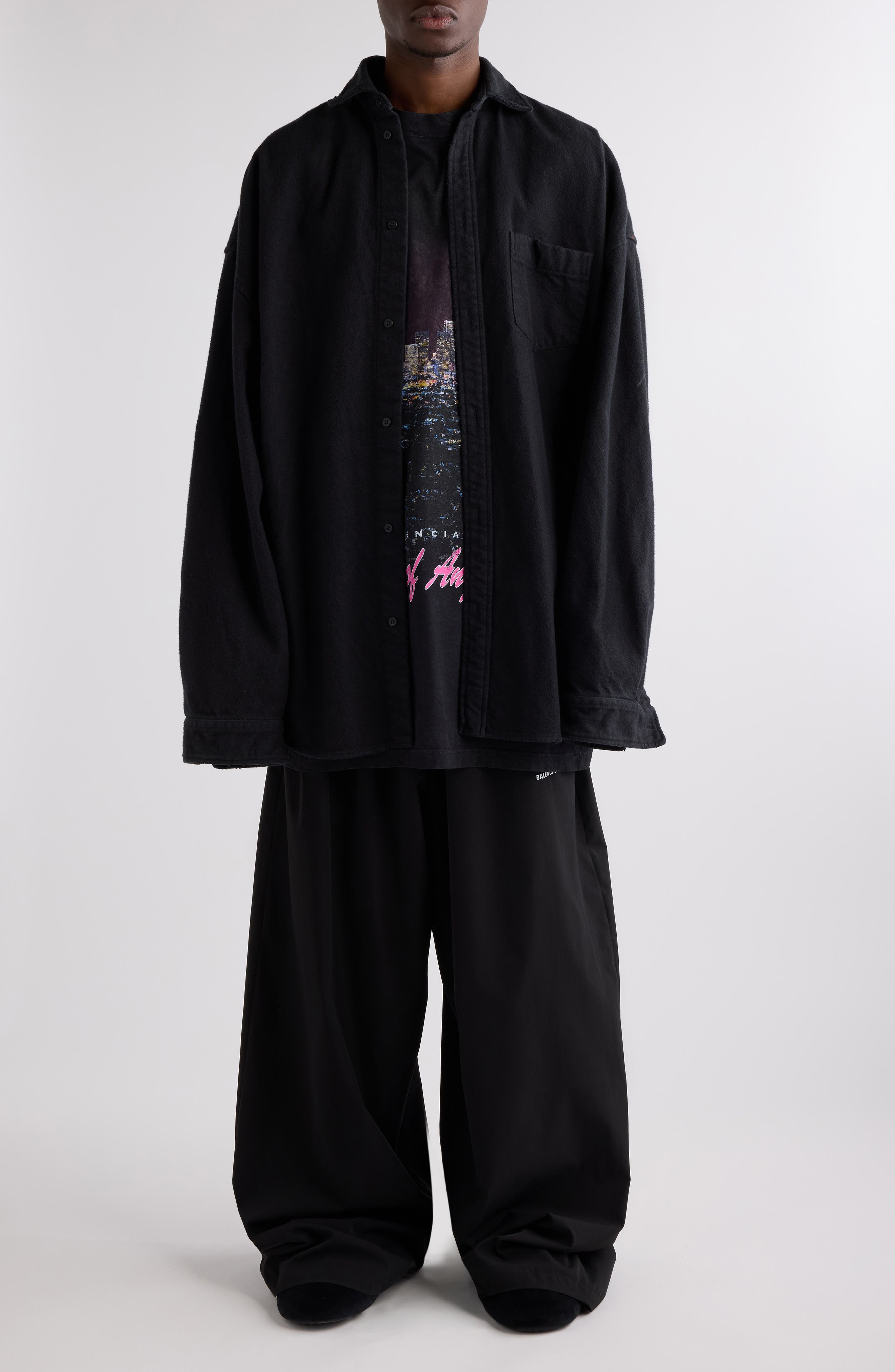 Balenciaga Layered Distressed Long Sleeve Graphic Shirt in 1000 Black at Nordstrom - 2