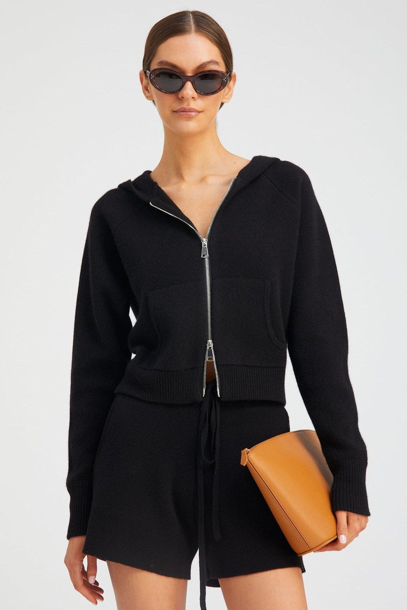 BLACK CASHMERE SHRUNKEN ZIP UP HOODIE 1