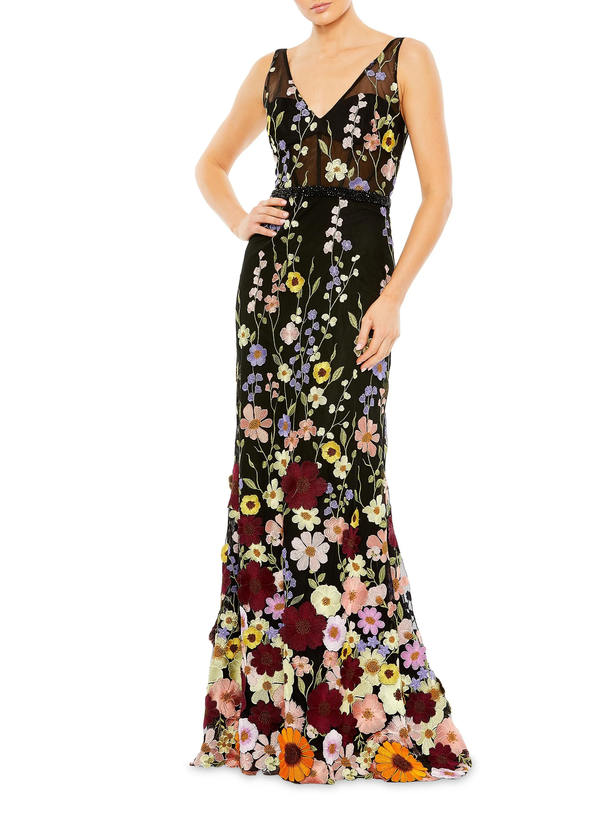 Women's Mac Floral-Embroidered Tulle Gown - Black Multi - 1