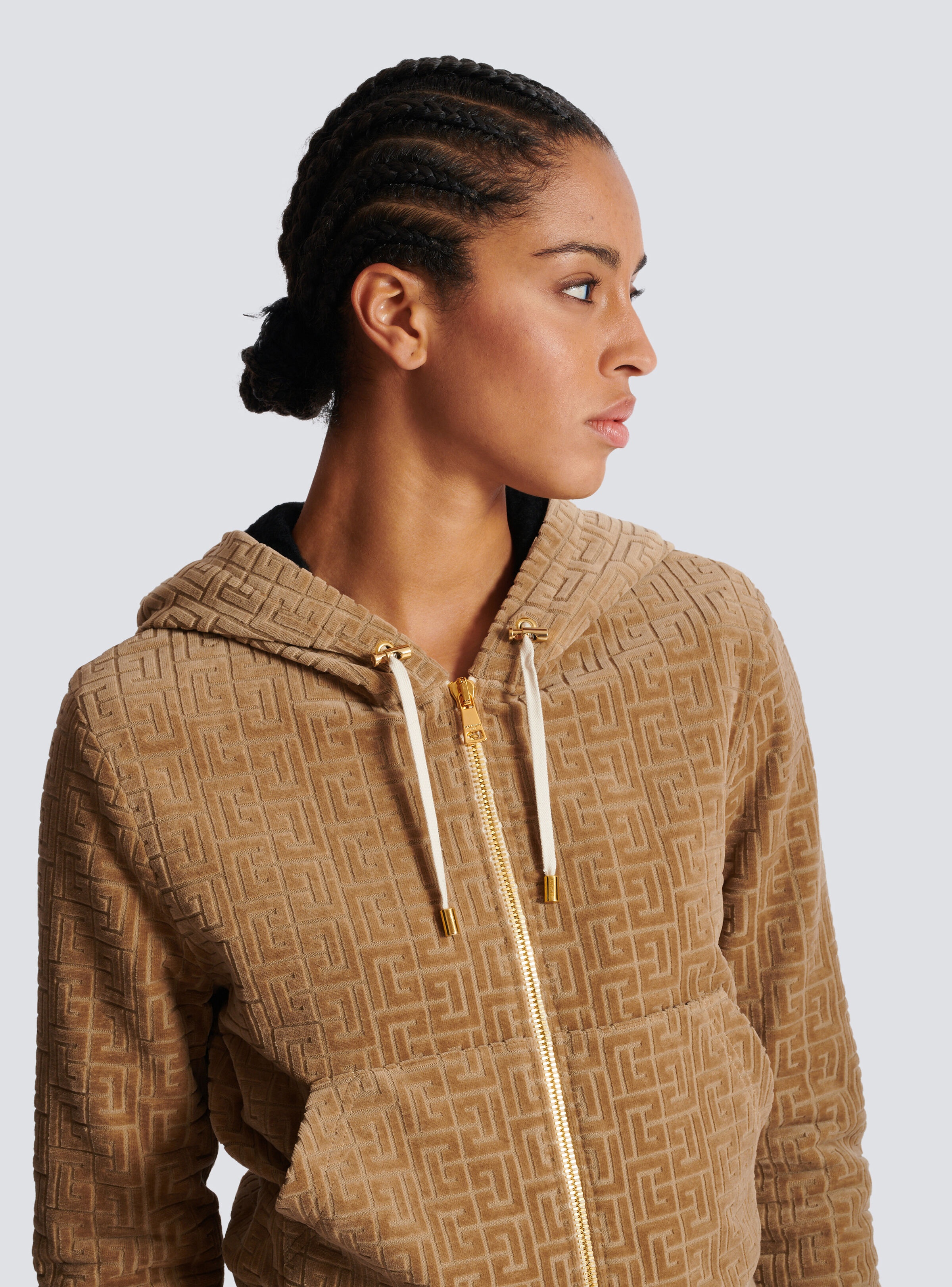 Velvet hooded jacket with PB Labyrinth monogram - 7
