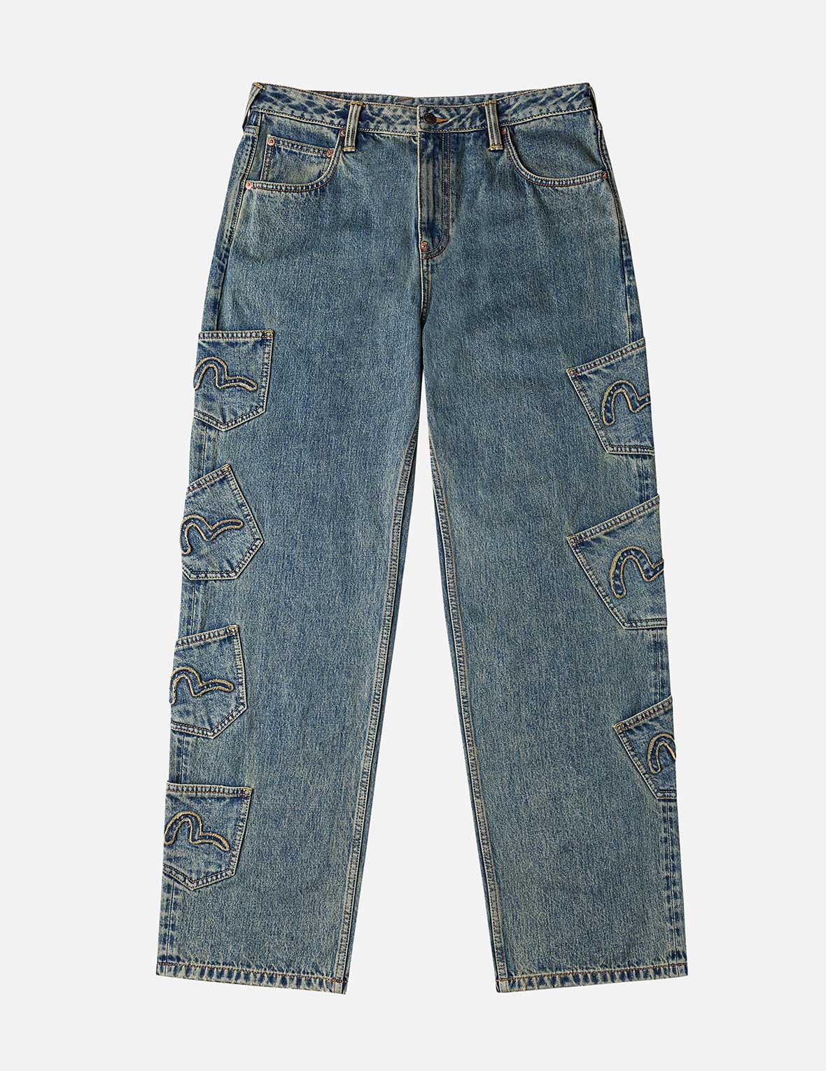EVISU X F-LAGSTUF-F Dirty Washed and Embroideried Multi-Pocket Relax Fit Denim Jeans - 2