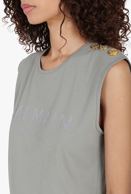 Taupe gray cotton T-shirt with flocked light gray Balmain logo - 8