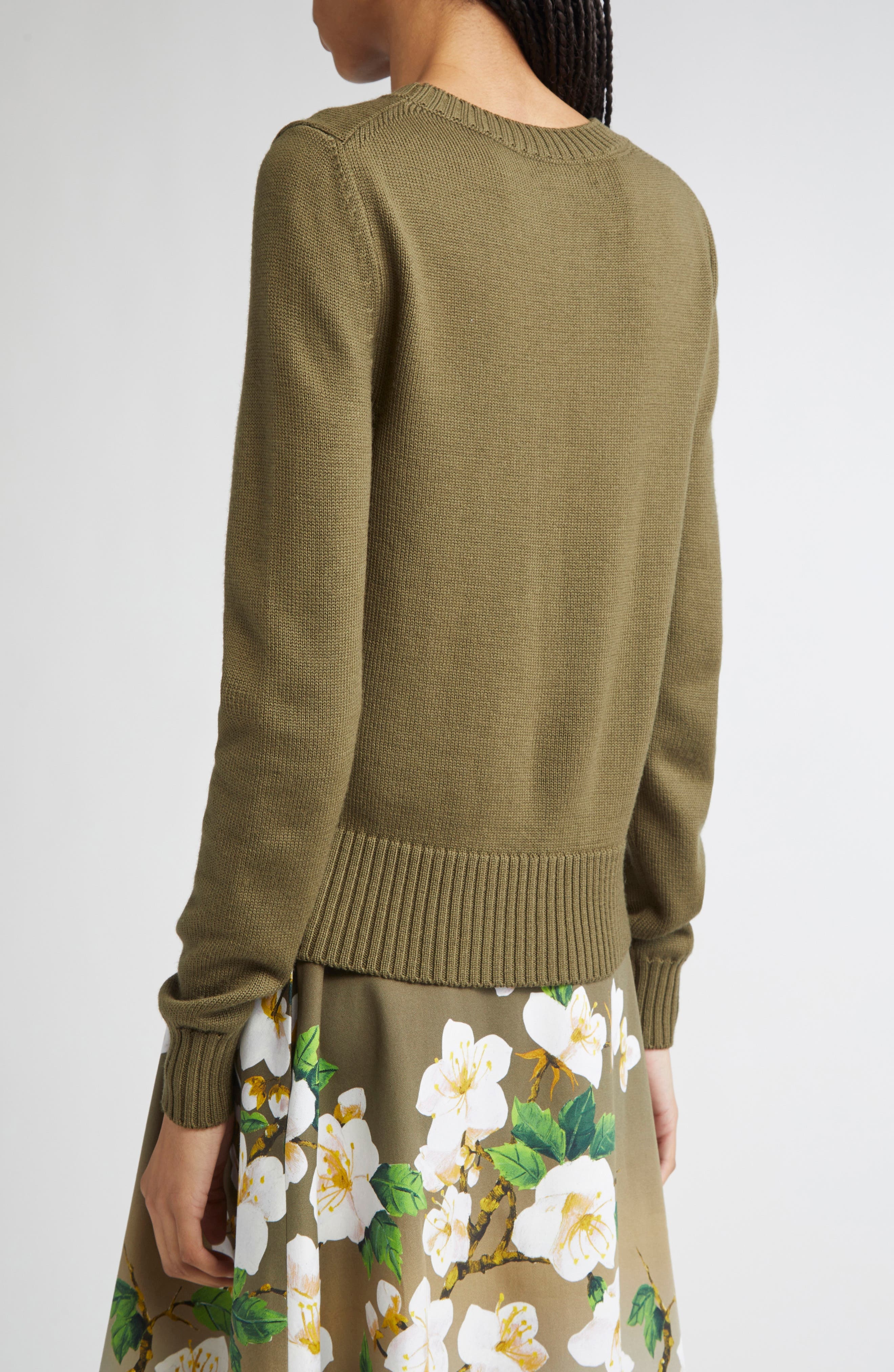 Oscar de la Renta Cherry Blossom Embroidered Virgin Wool Sweater in Khaki at Nordstrom - 2