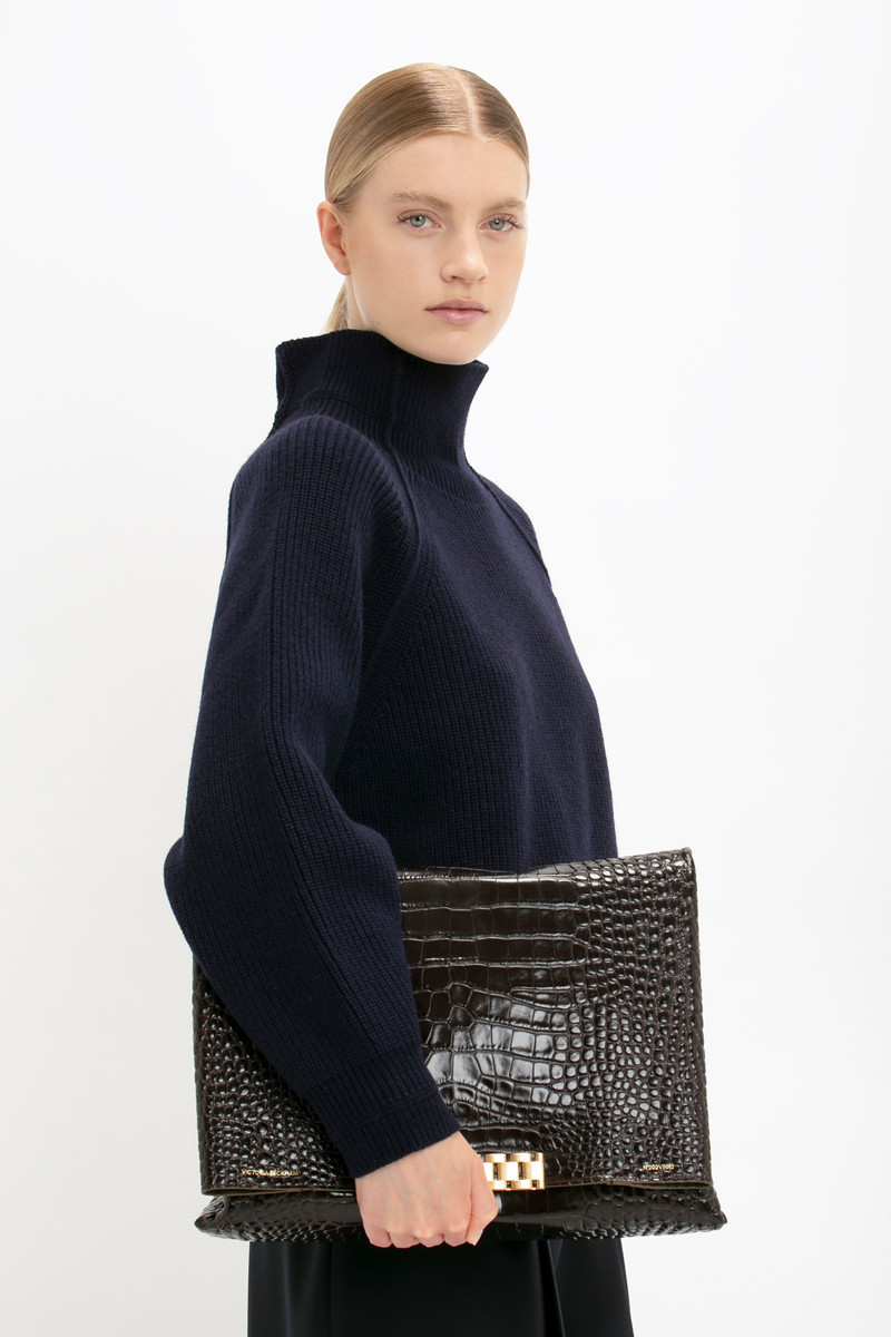 Jumbo Chain Pouch In Chocolate Croc-Effect Leather 9