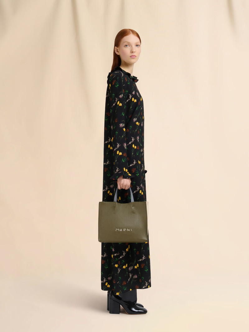 Marni DEEP GREEN CREAM AND BLUE LEATHER MUSEO SOFT TOTE BAG WITH MARNI MENDING outlook