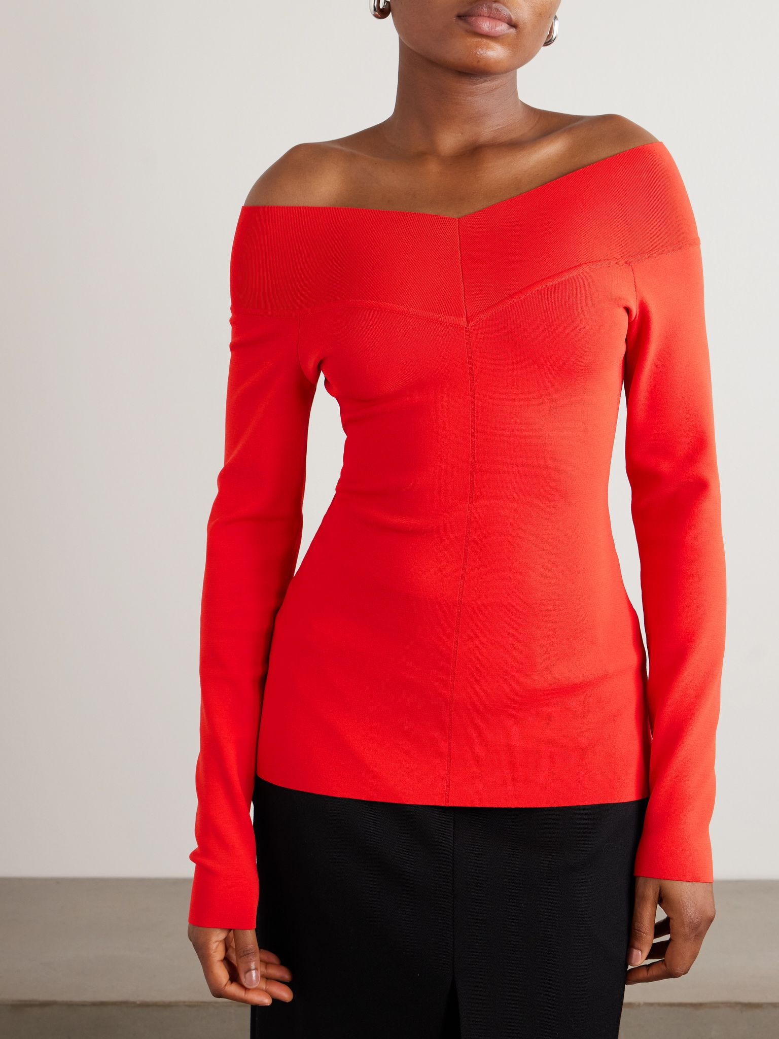 Bardot off-the-shoulder paneled jersey top Red - 3