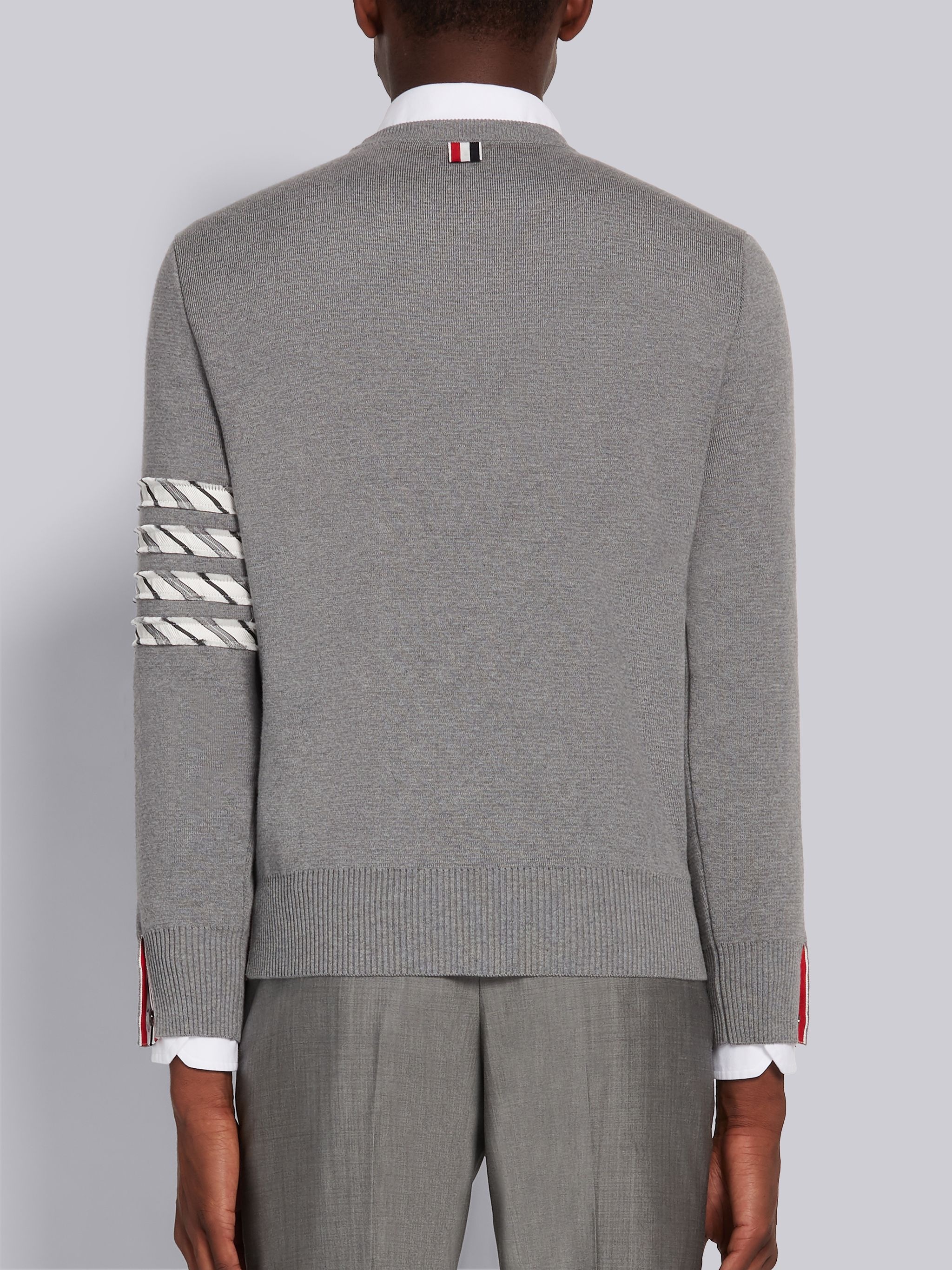 Grey Cotton Milano Stitch Silk 4-Bar Crewneck Pullover - 3