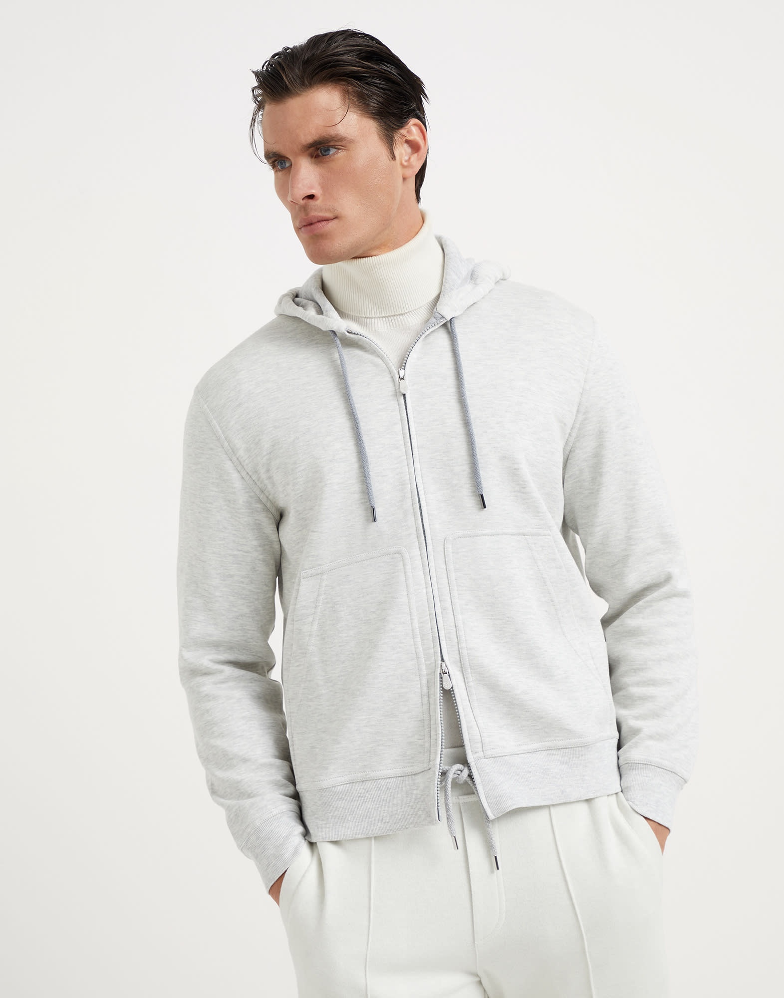 Cotton, cashmere and silk French terry double cloth hooded sweatshirt with zipper - 1